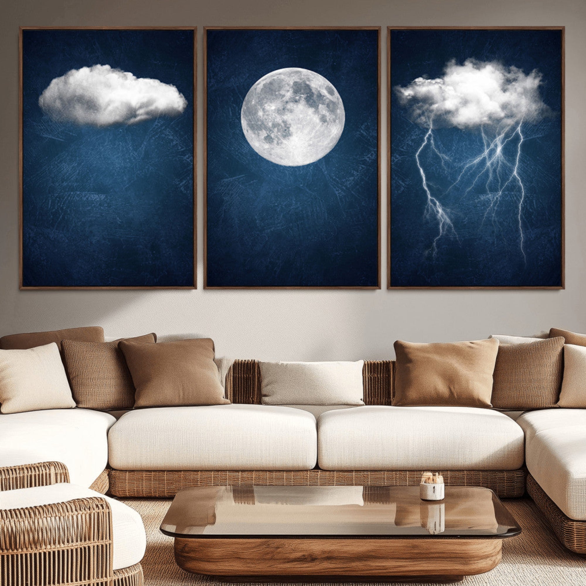 96569-MGV-CV-36X24-Dark Blue Cloud Art, 3 Piece Indigo Blue Wall Art, Aesthetic Surreal Art, Thunderstorm Moon Cloud