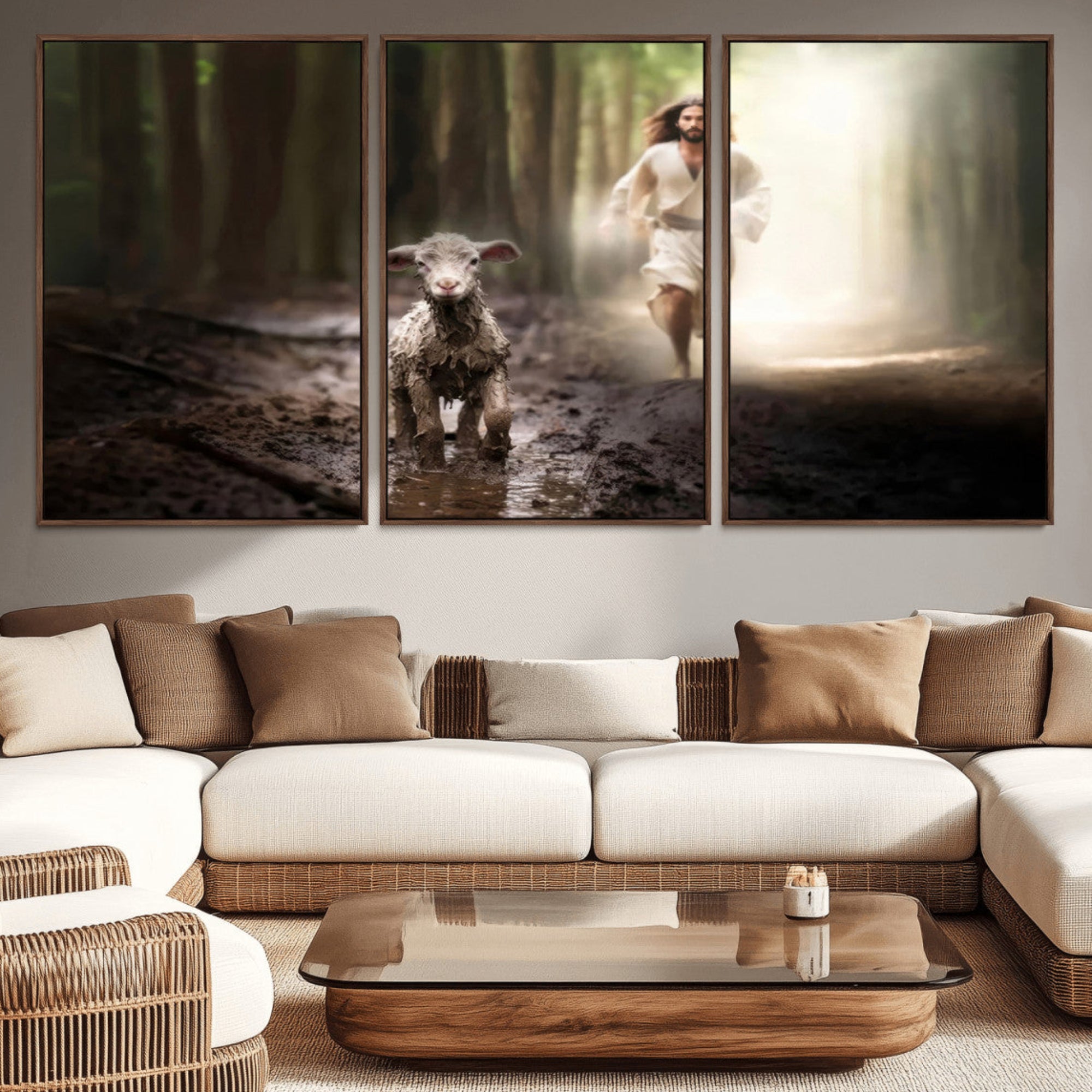 68919-MGV-CV-36X24-Jesus Canvas Wall Art - Jesus Running After Lost Lamb, Jesus, Christian Home Decor - Church Wall Art
