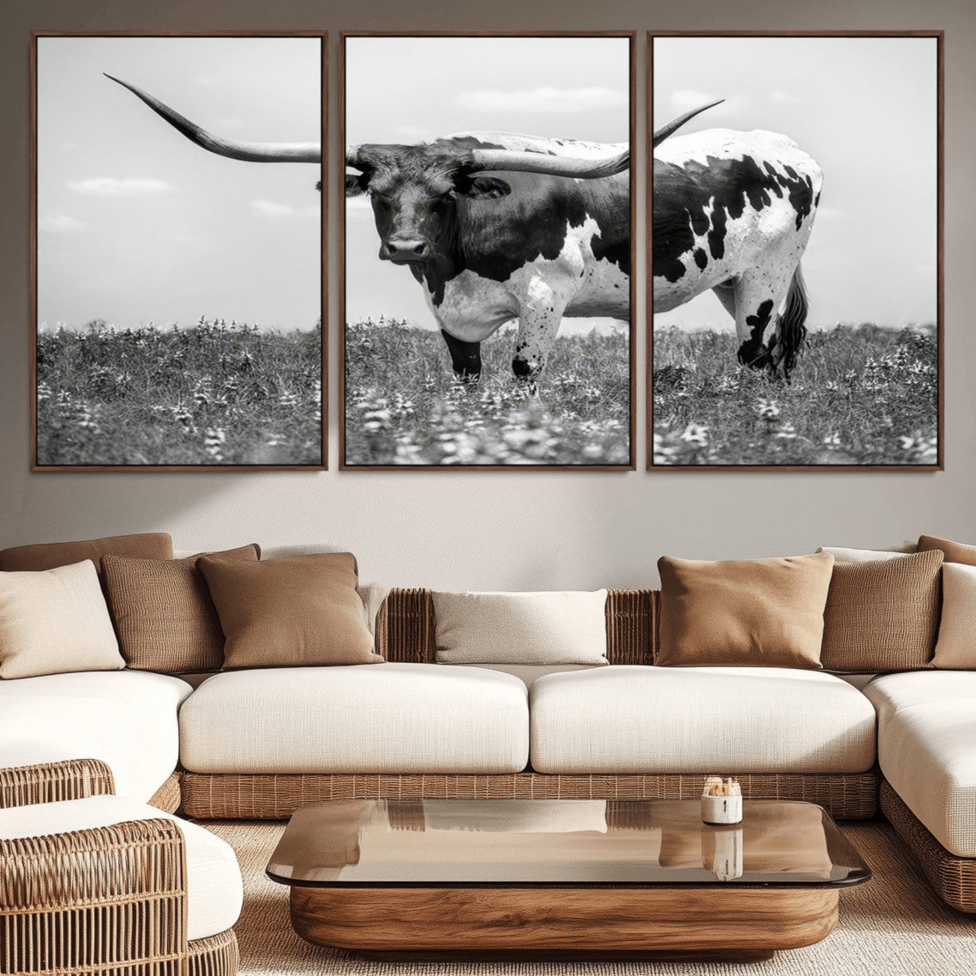 94709-MGV-CV-36X24-Texas Black White Highland Longhorn Cow Wall Art Canvas Print
