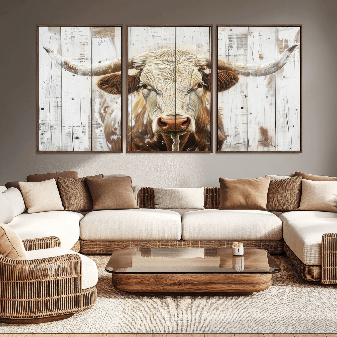 -Rustic Longhorn Bull Wall Art Canvas Set – Western-Inspired Farmhouse Décor - Ready to Hang