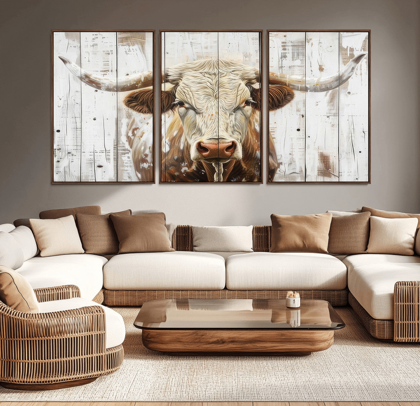 -Rustic Longhorn Bull Wall Art Canvas Set – Western-Inspired Farmhouse Décor - Ready to Hang