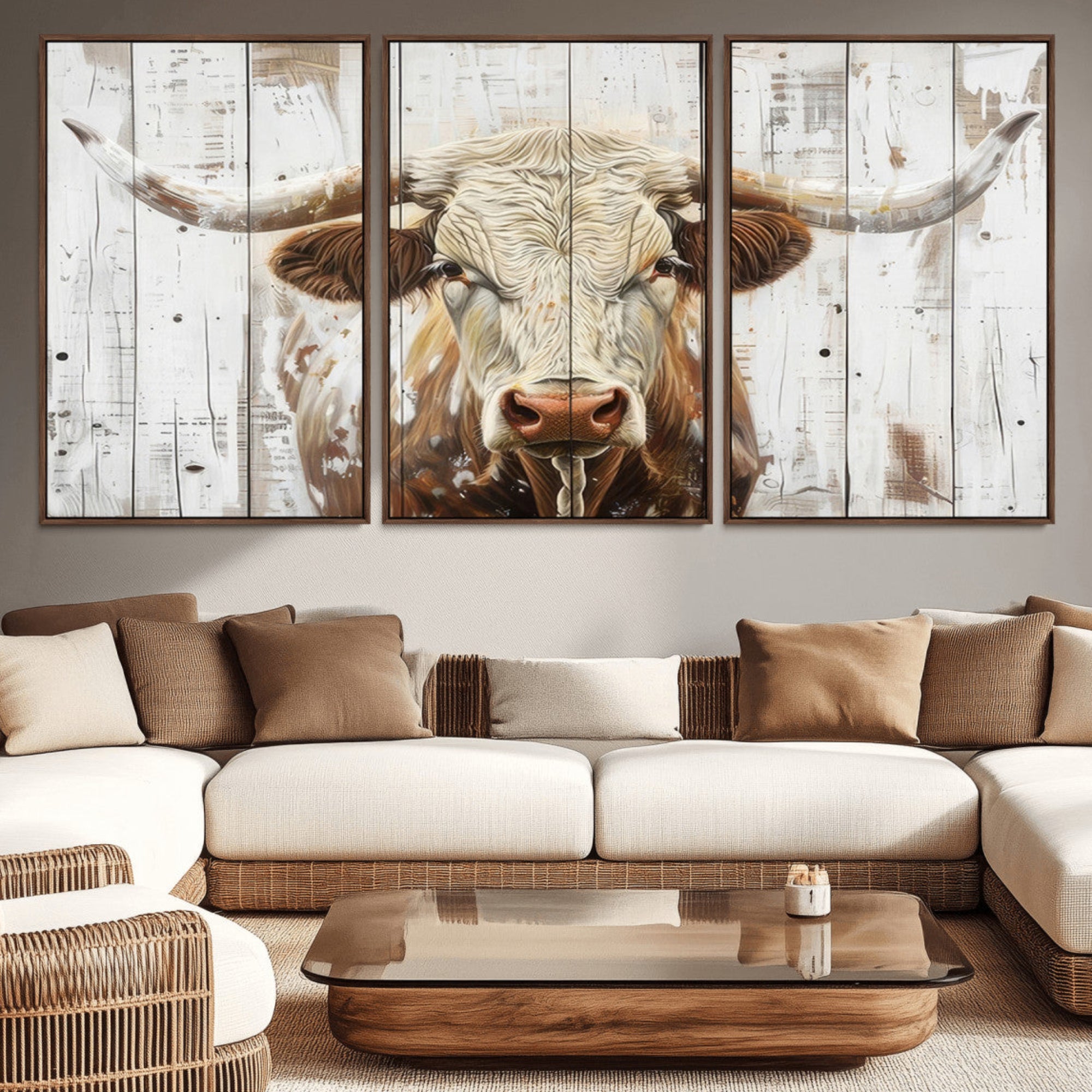 71551-MGV-CV-36X24-Rustic Longhorn Bull Wall Art Canvas Set – Western-Inspired Farmhouse Décor - Ready to Hang
