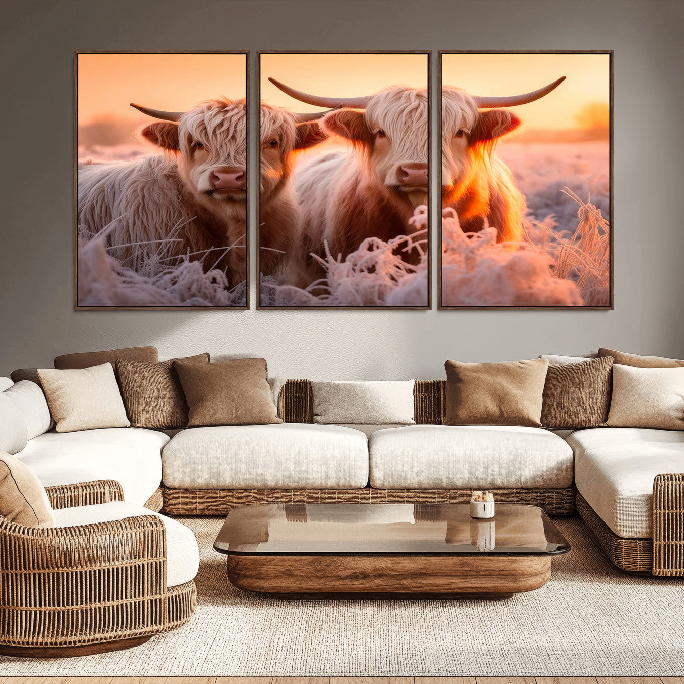 -Highland Cows at Sunrise Wall Art Canvas Set – Serene and Rustic Farmhouse Decor