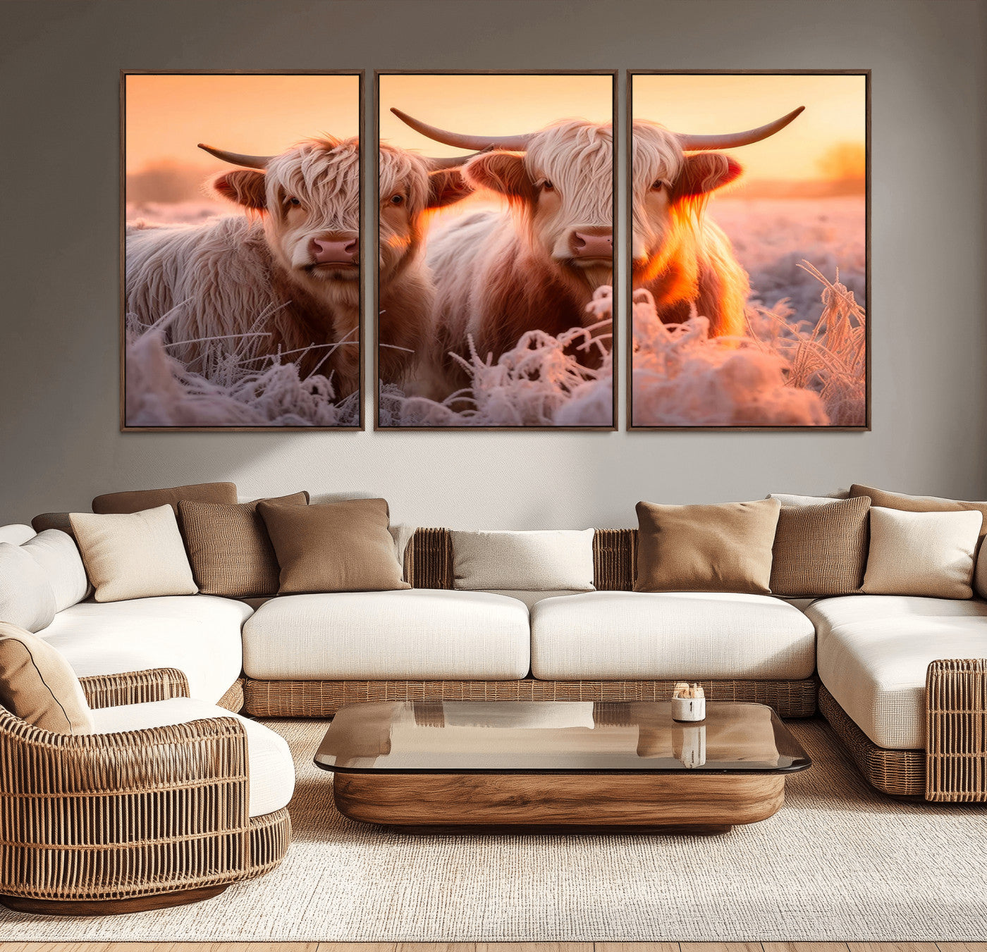 -Highland Cows at Sunrise Wall Art Canvas Set – Serene and Rustic Farmhouse Decor