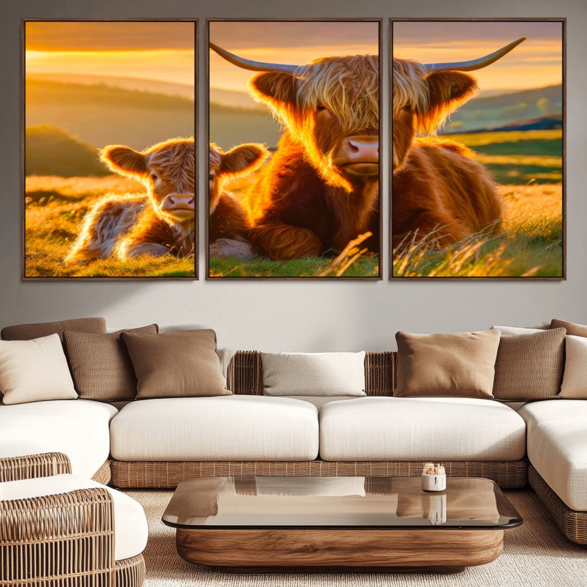 20567-MGV-CV-36X24-Scottish Cow and Baby Cow Canvas Wall Art Animal Print Fluffy Cattle Framed Farmhouse Decor