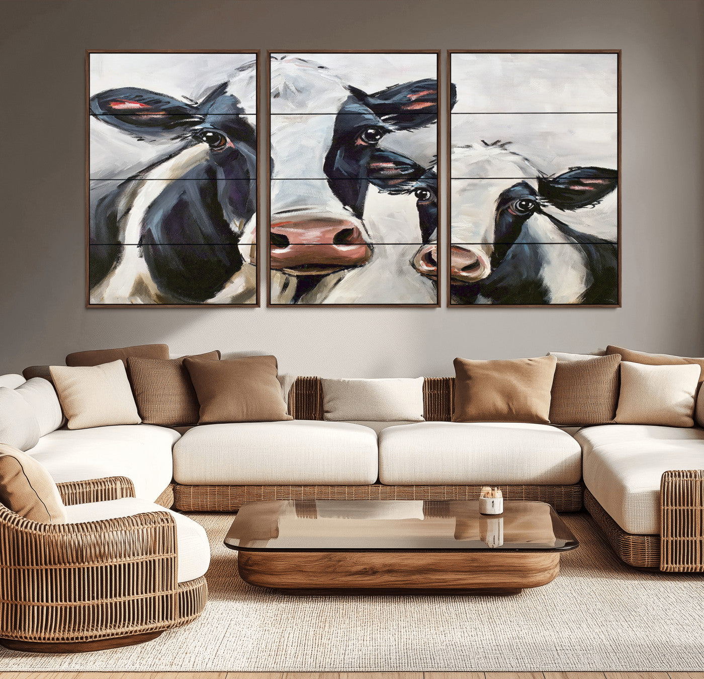 -Vintage Baby and Mom Cattle Wall Art Canvas Print