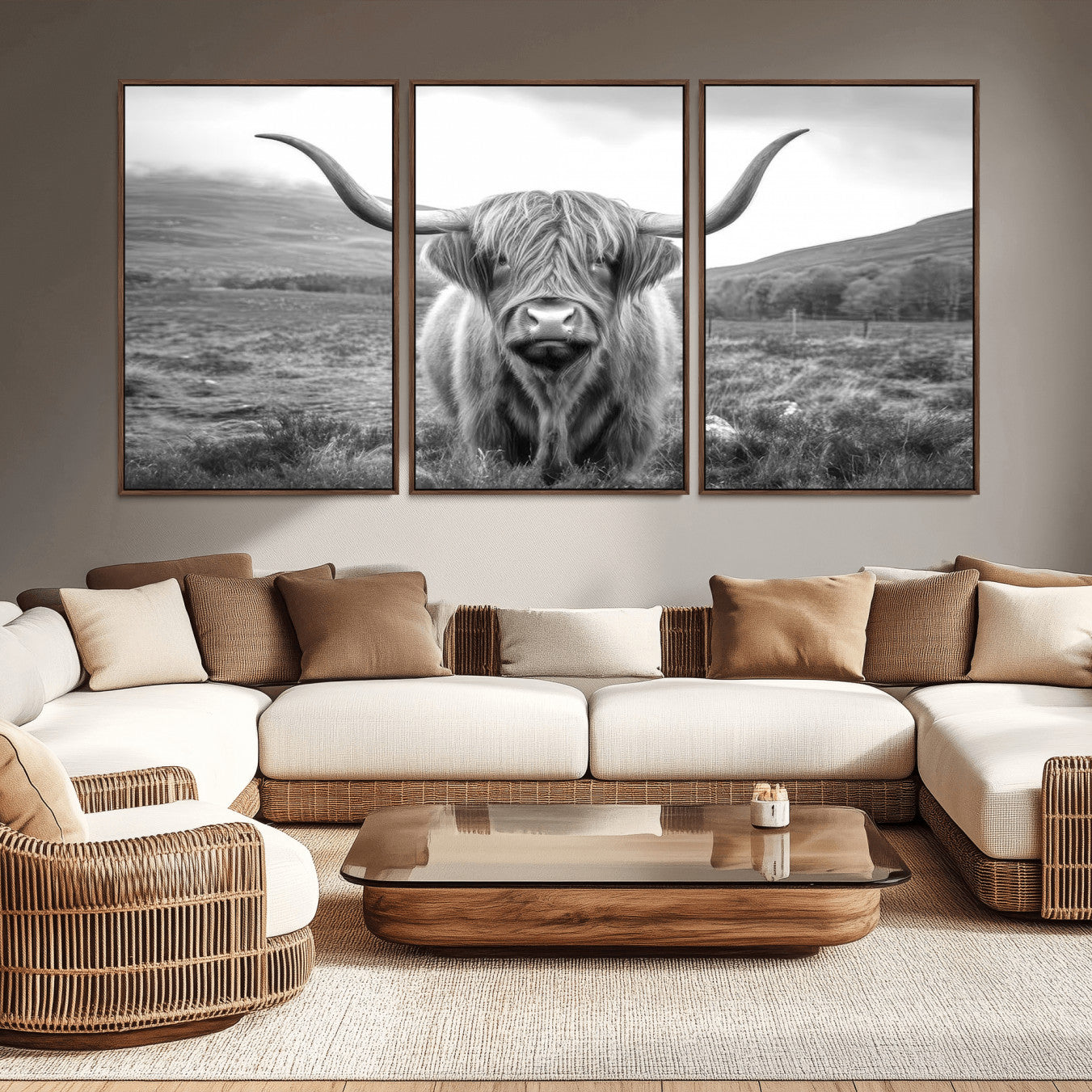-Black White Scottish Highland Cow Canvas Farm Wall Art Canvas Print Rustic Animal Art for Home, Office Decor