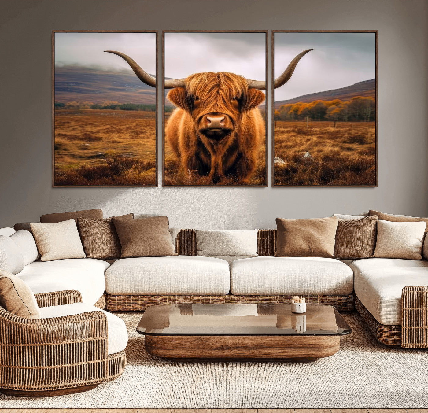 -Highland Cow Longhorn Wall Art – Rustic Canvas Print, Framed and Ready to Hang for Farmhouse Décor