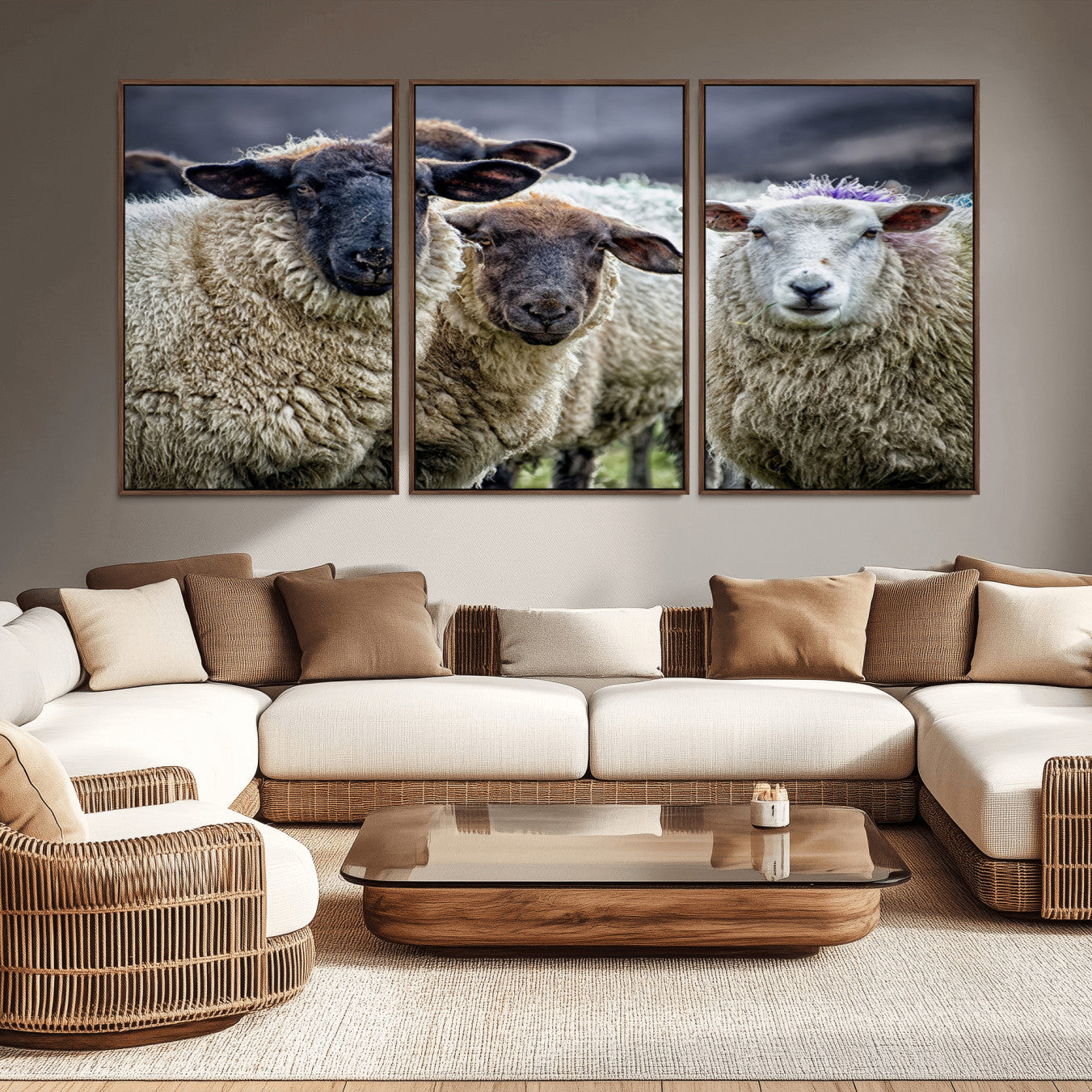 -Charming Sheep Portrait Wall Art – Trio of Woolly Companions Canvas Print, Framed, Ready to Hang