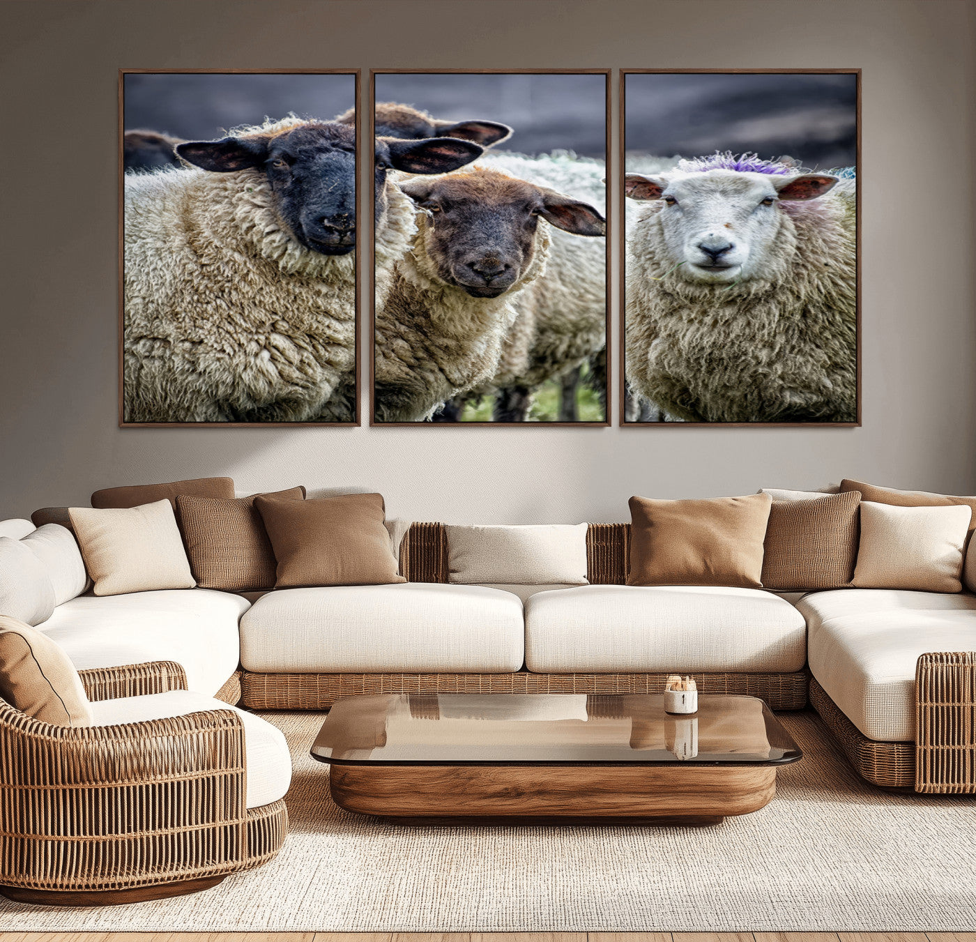 -Charming Sheep Portrait Wall Art – Trio of Woolly Companions Canvas Print, Framed, Ready to Hang
