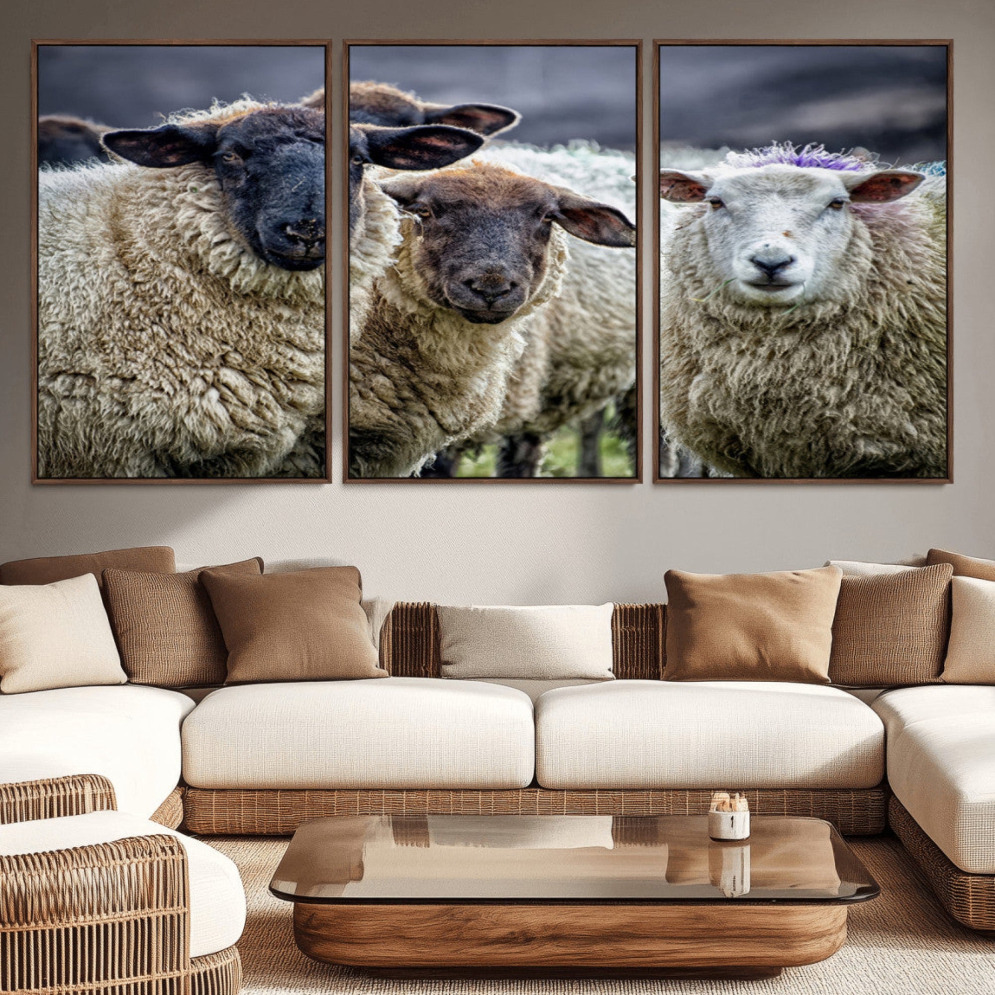 18418-MGV-CV-36X24-Charming Sheep Portrait Wall Art – Trio of Woolly Companions Canvas Print, Framed, Ready to Hang