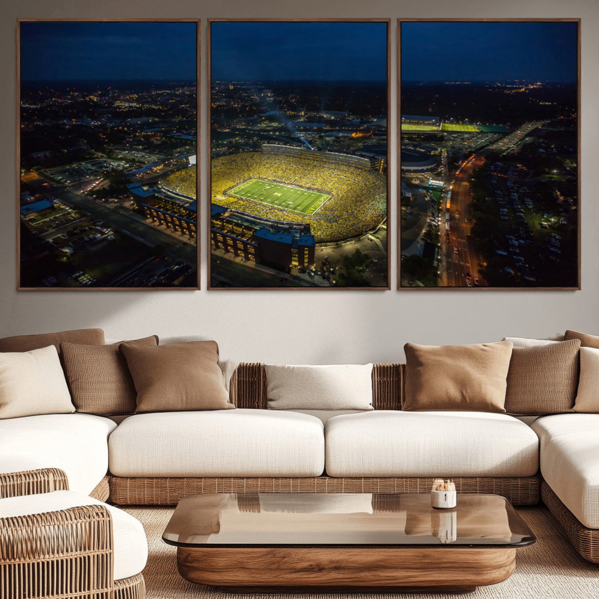 33588-MGV-CV-36X24-Michigan Stadium Night Game Wall Art – Sports Arena Aerial View Canvas Print, Framed, Ready to Hang