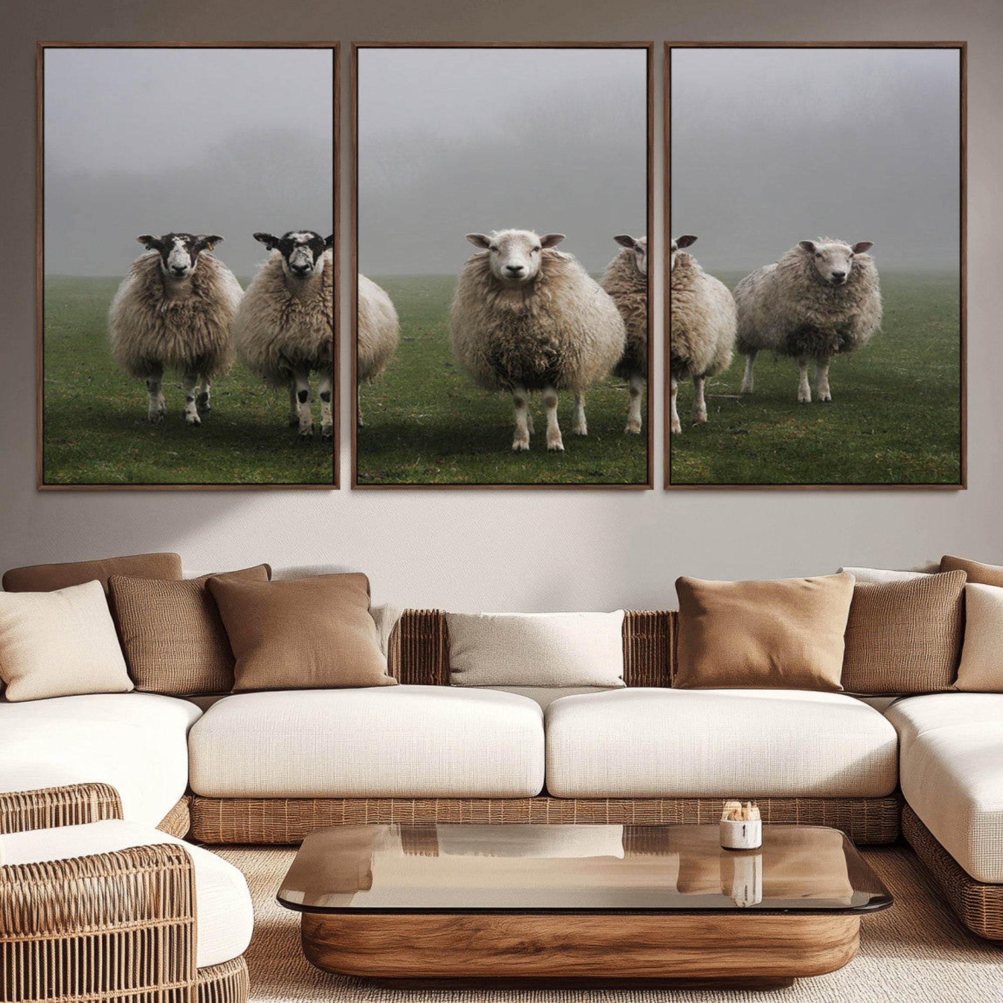 87339-MGV-CV-36X24-Flock of Sheep in a Mystical Fog – Pastoral Wall Art Canvas Print, Framed, Ready to Hang