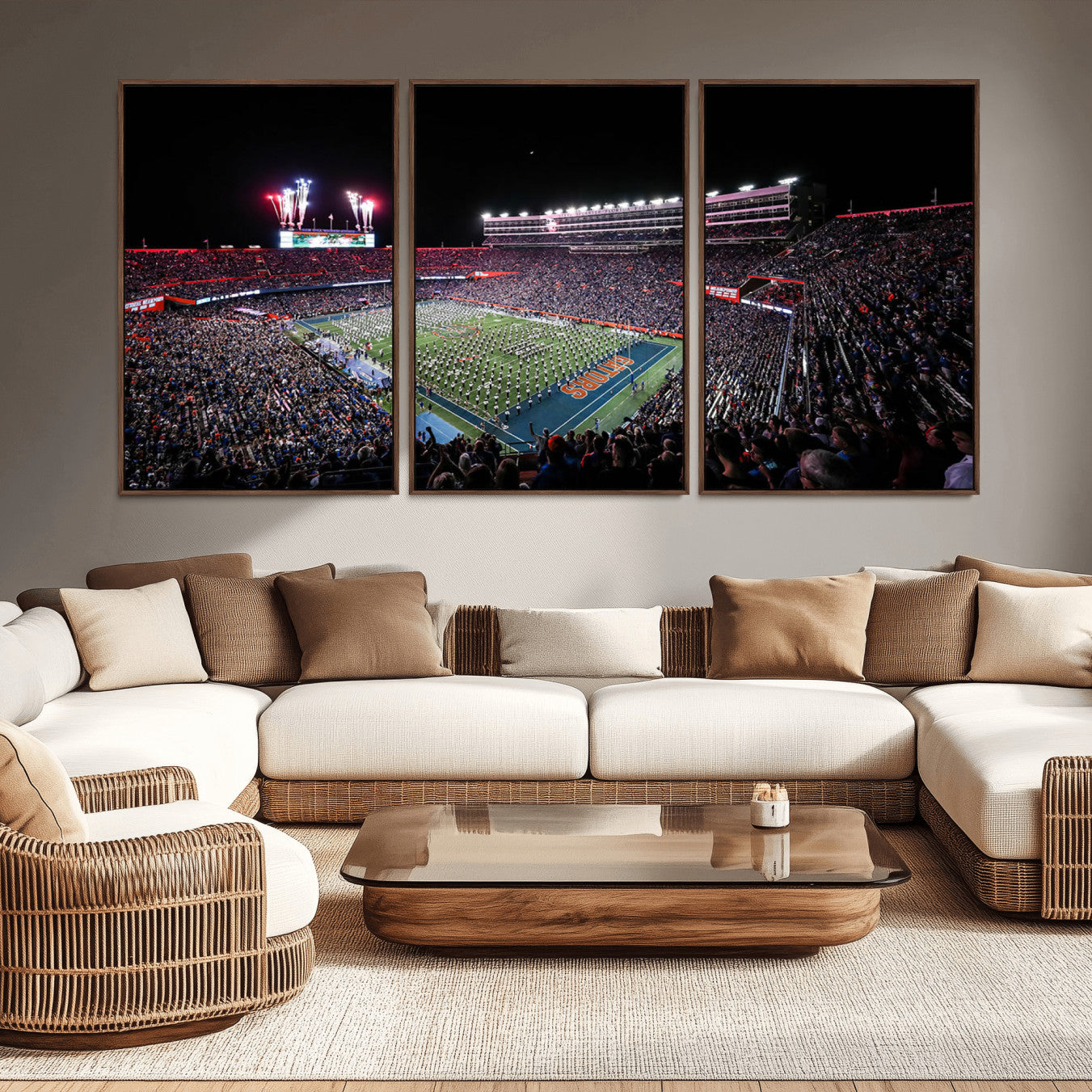 -Ben Hill Griffin Stadium Night Game Triple Canvas Wall Art - Florida Gators Football Match