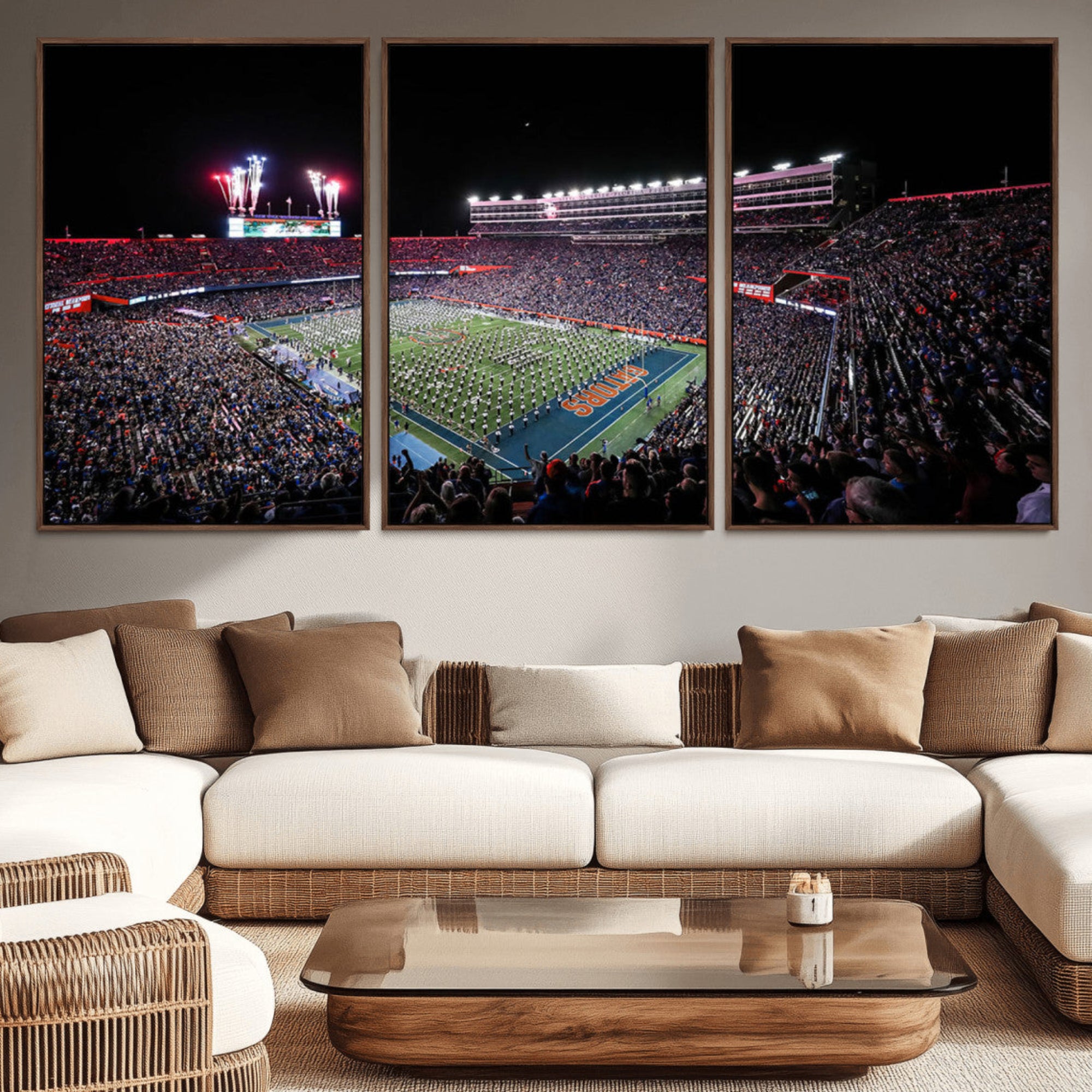 46899-MGV-CV-36X24-Ben Hill Griffin Stadium Night Game Triple Canvas Wall Art - Florida Gators Football Match