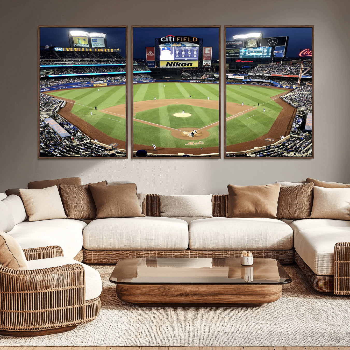 -Citi Field Wall Art Print | 3-Panel New York Mets Baseball Stadium Canvas Print | Framed Sports