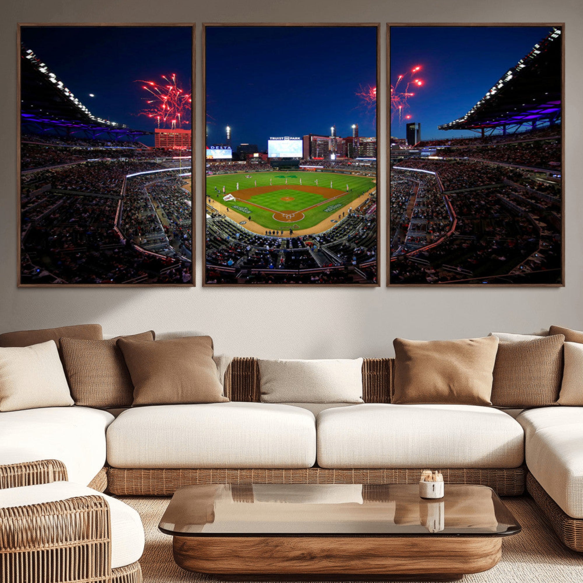 50582-MGV-CV-36X24-Truist Park Atlanta Braves Baseball Stadium Wall Art Print | Large 3-Panel Canvas Print for Sports