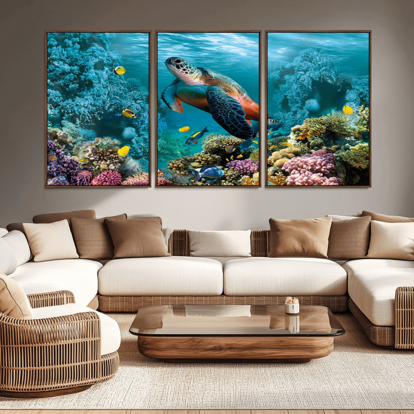 -Sea Turtle and Coral Reef Triptych Wall Art – Vibrant Underwater Scene Canvas Set for Ocean Lovers