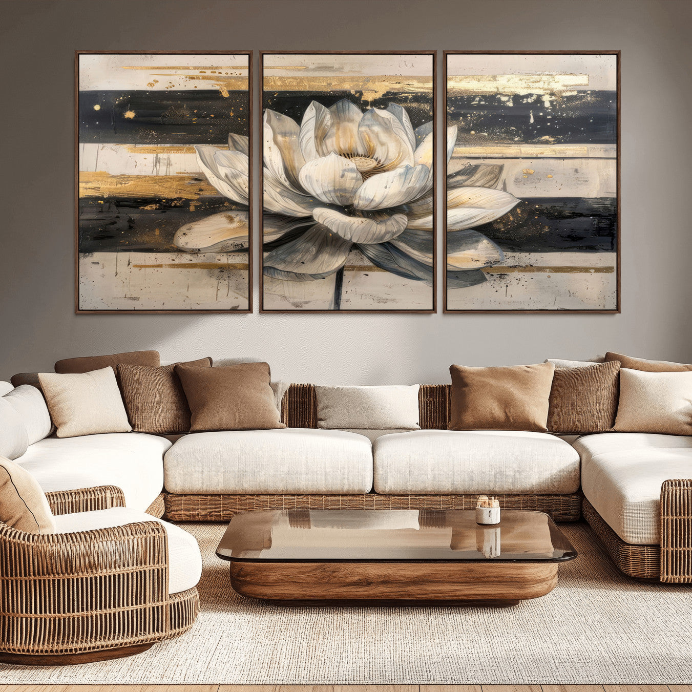 MGV-FC-60X30-3P - Lotus Flower Wall Art Canvas Print, Framed Abstract Lotus Art Picture Print, White Lotus Flower Perfect Abstract Floral Decor Artwork
