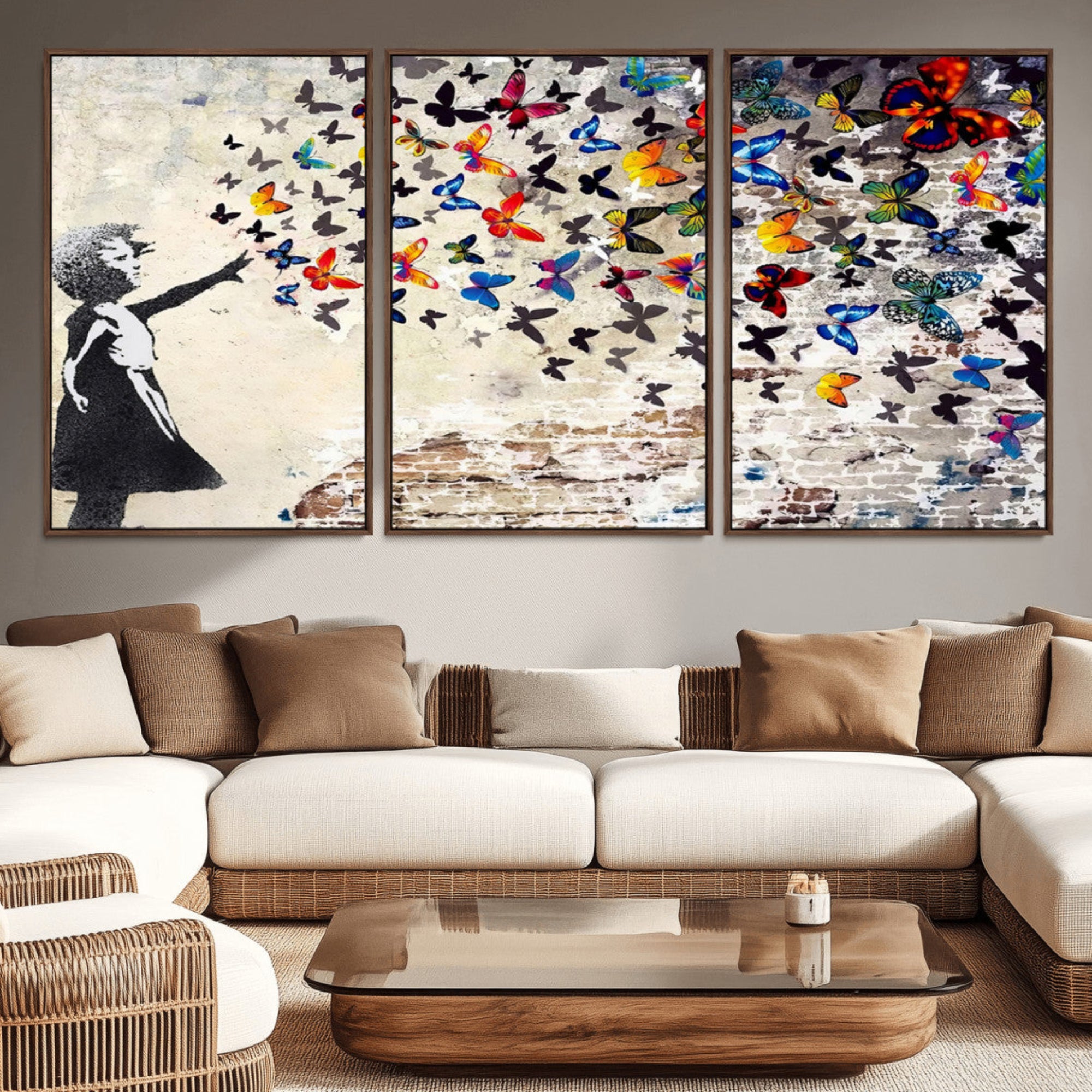 97895-MGV-CV-36X24-Banksy Graffiti Wall Art Canvas Print: Girl Releasing Vibrant Butterflies – Ready to Hang