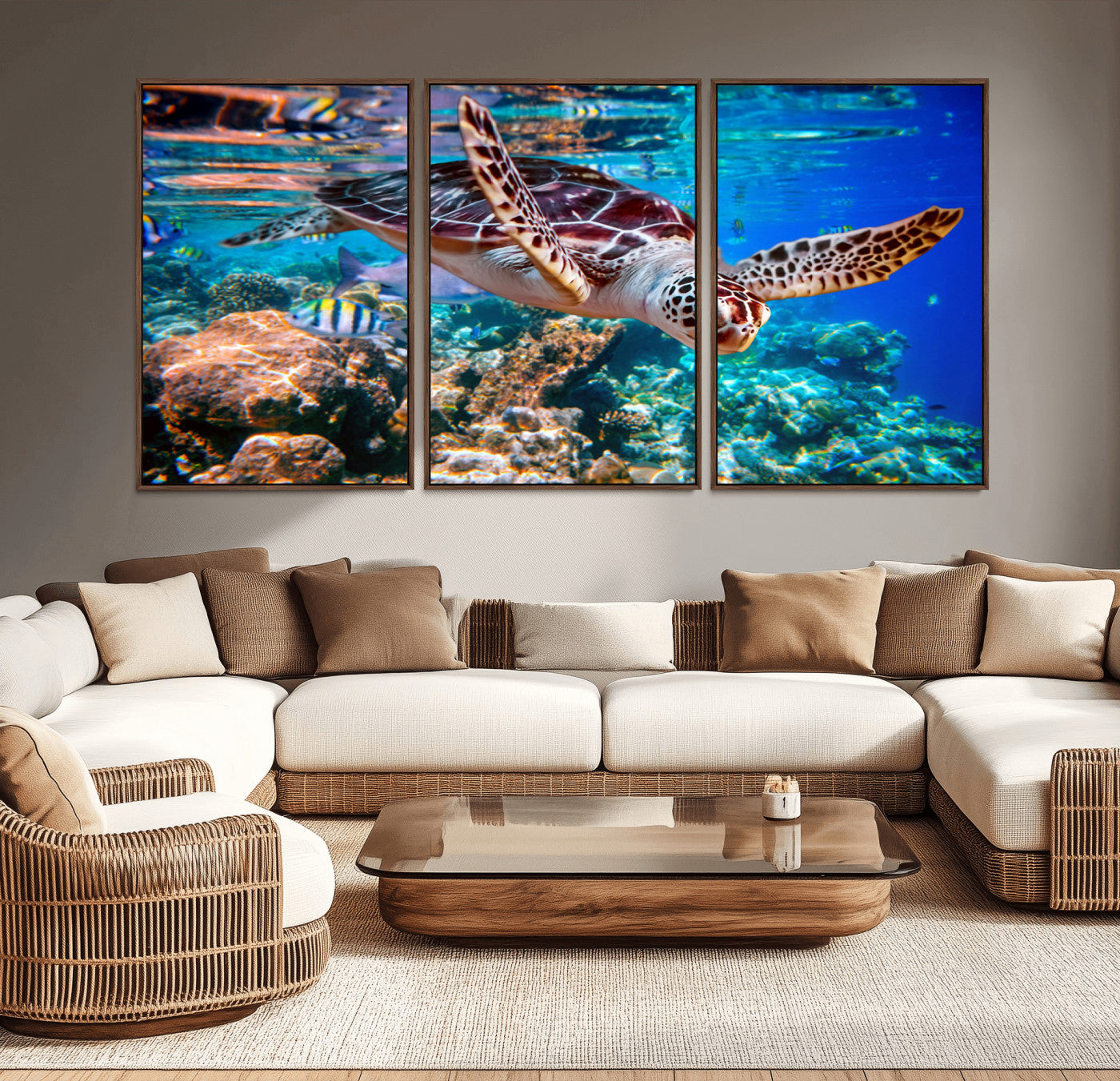 -Underwater Coral Reef Sea Turtle Wall Art Canvas Print, Vibrant Marine Life | Colorful Ocean Scene
