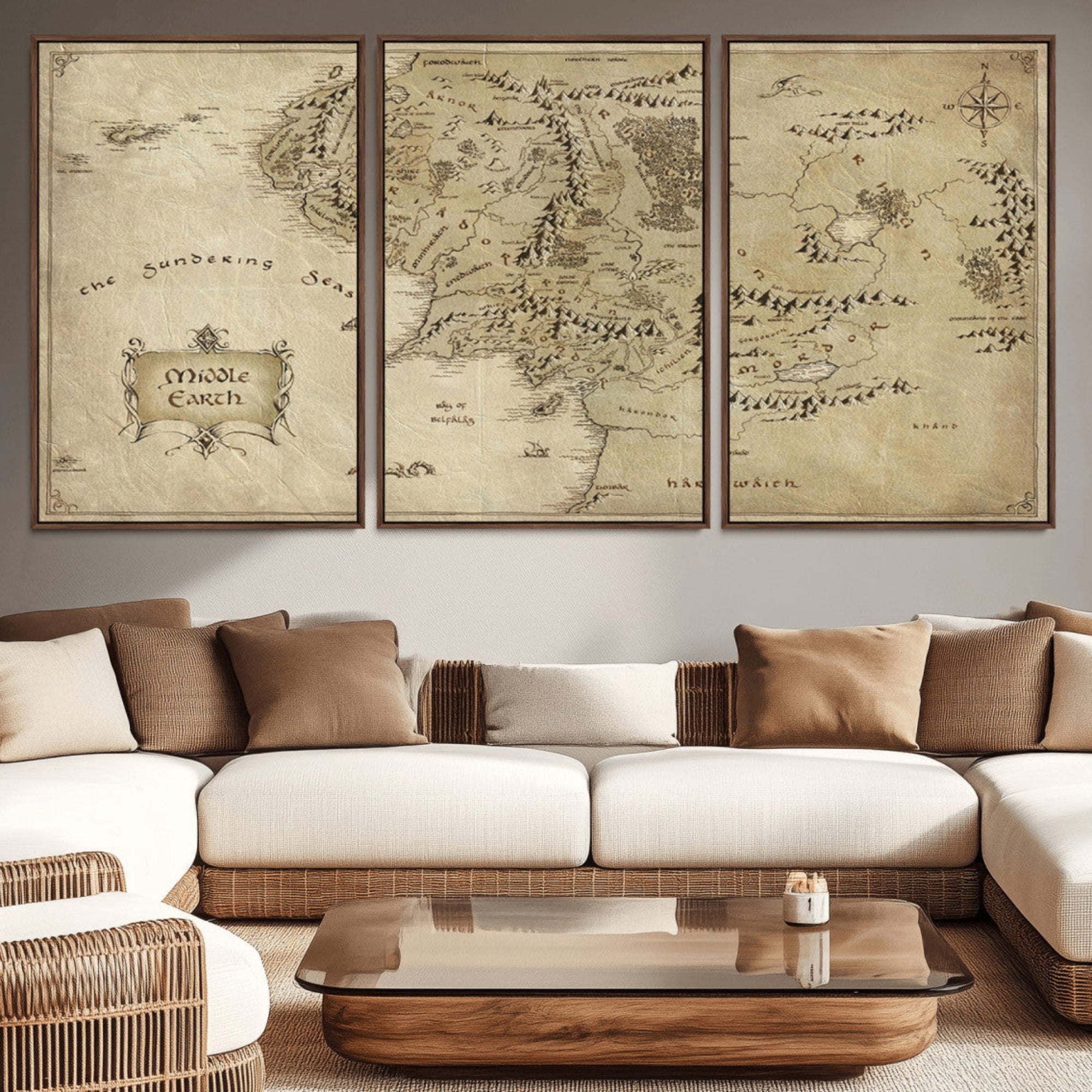 21784-MGV-CV-36X24-Vintage Middle Earth Map Wall Art Canvas – Lord of the Rings Inspired Framed Map Print, Classic Fantasy Decor for Home, Office
