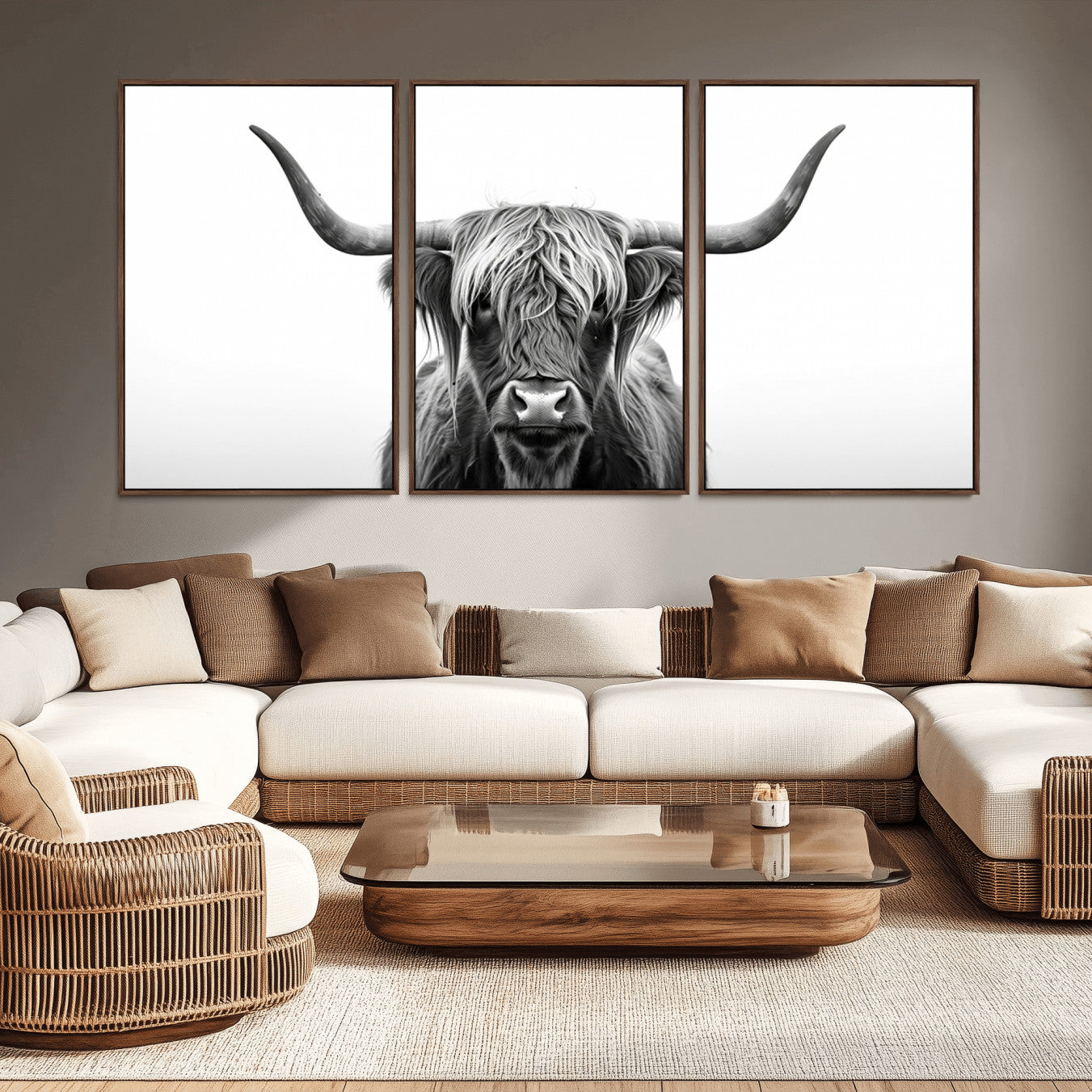 -Highland Wall Art Canvas Print – Minimalist Black and White Farmhouse Décor, Ready to Hang
