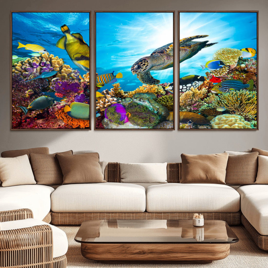 Colorful Coral Reef and Sea Life Turtle Canvas Print, Underwater Tropical Ocean Wall Art