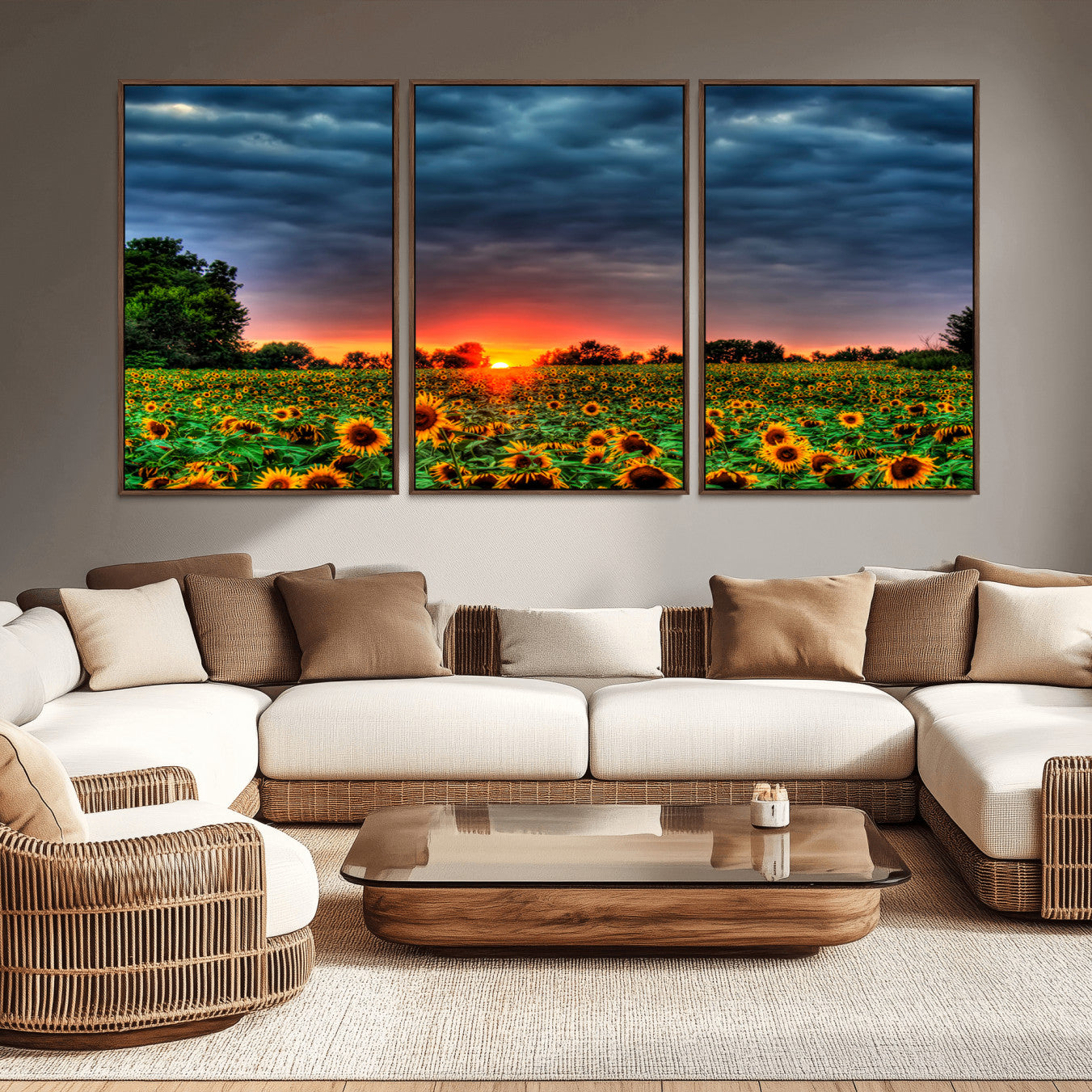 -Golden Sunflower Field at Sunset – Breathtaking Sky and Vibrant Flowers, Ready to Hang Wall Art