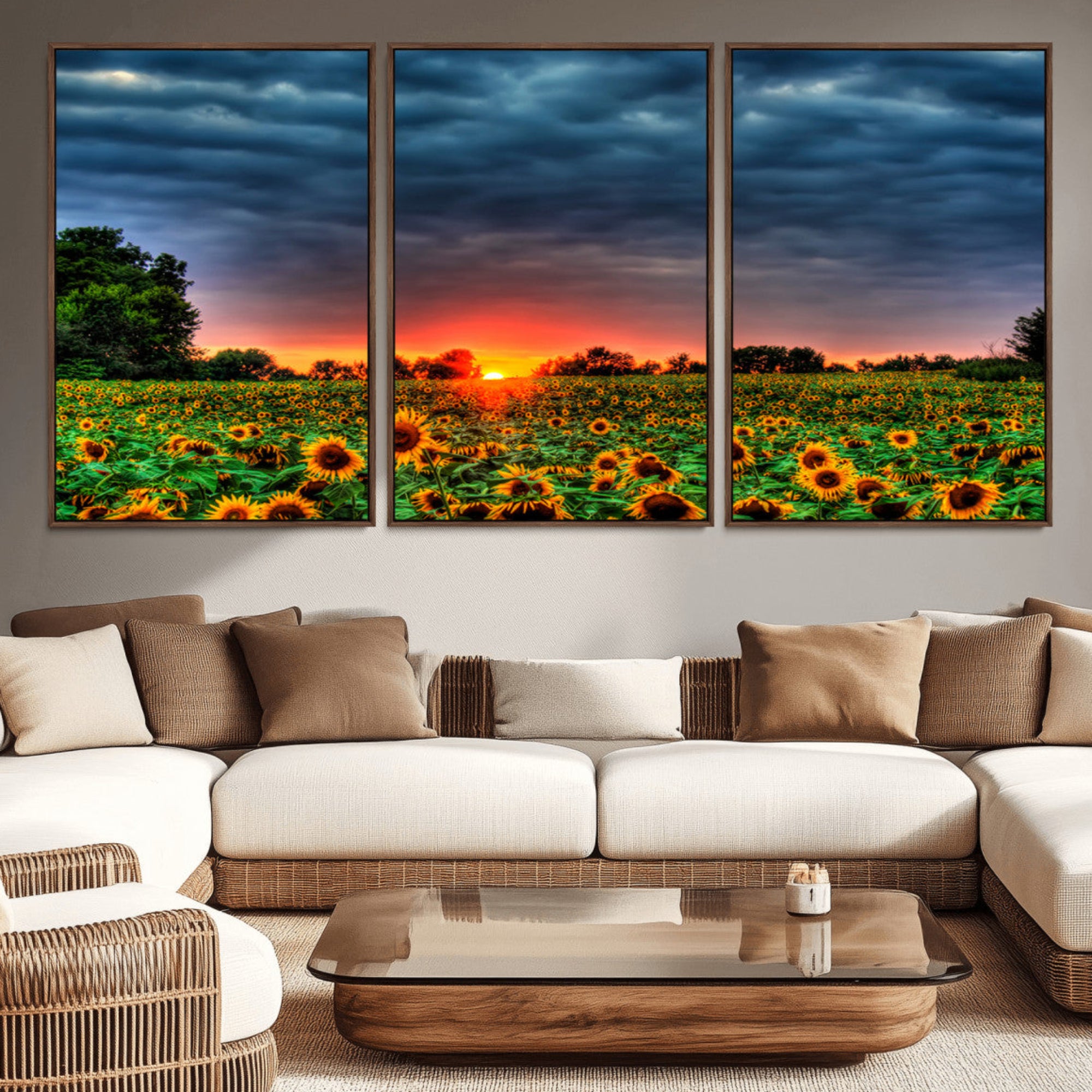 45045-MGV-CV-36X24-Golden Sunflower Field at Sunset – Breathtaking Sky and Vibrant Flowers, Ready to Hang Wall Art