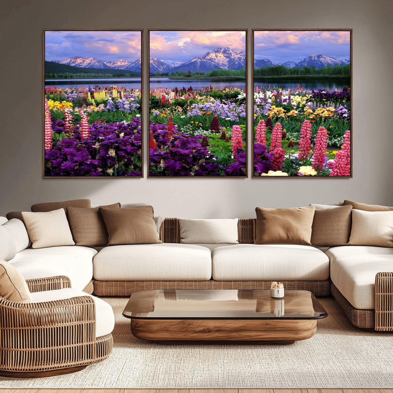 -Vibrant Wildflower Garden and Mountain View Giclee Canvas Print | Floral Wall Art for Living Room