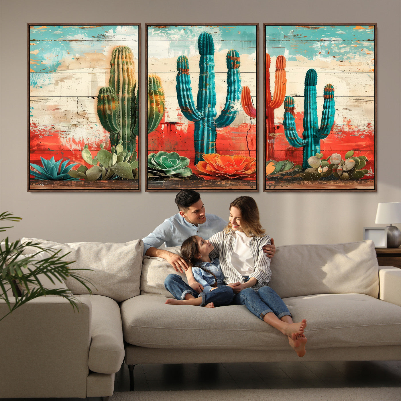 A vivid southwestern-style artwork featuring an eclectic mix of cacti and succulents painted against a textured, rustic wood backdrop in rich turquoise, red, and orange hues.