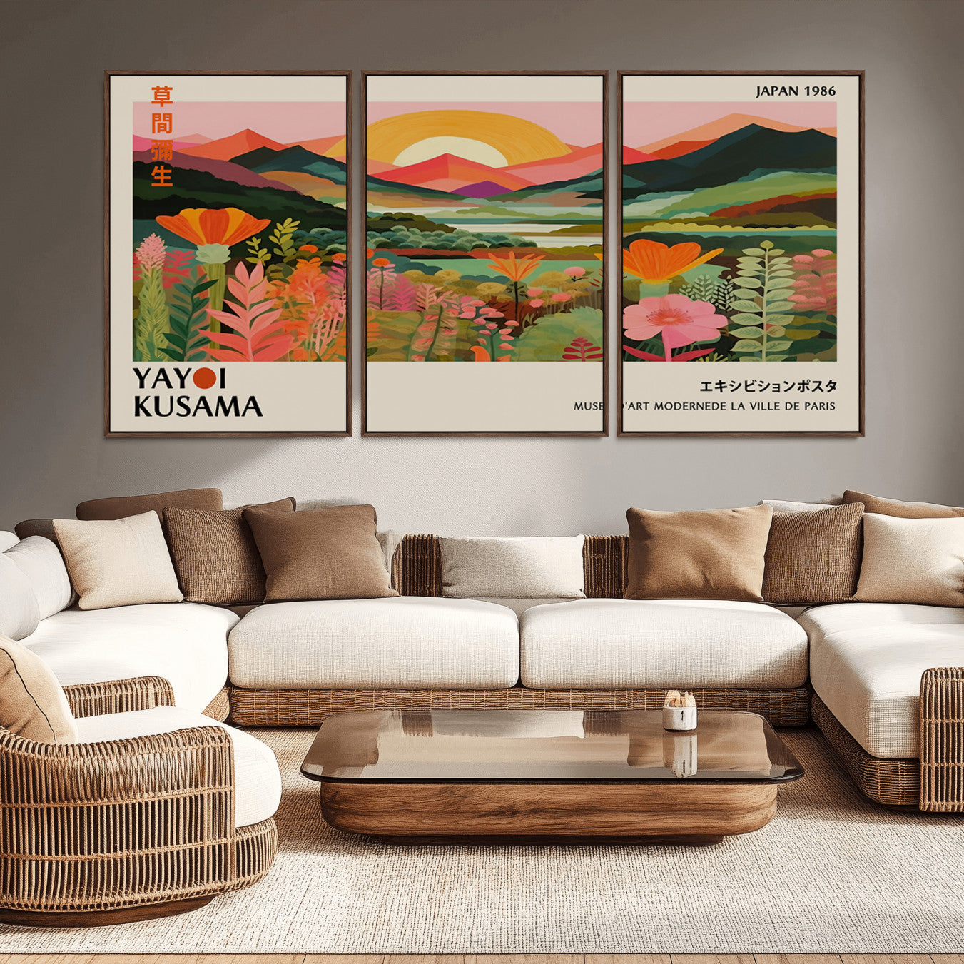 -Framed Yayoi Kusama Print, Vibrant Floral Mountain Art Print, Botanical Flower Nature Decor, Sunset
