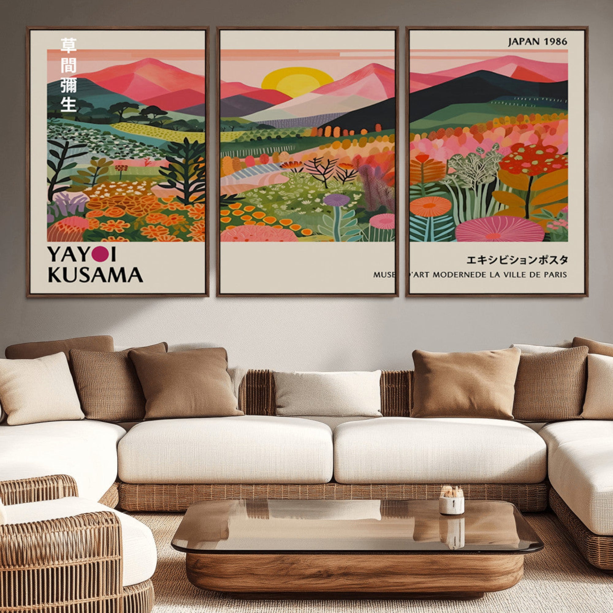 30051-MGV-CV-36X24-Yayoi Kusama Landscape Canvas Print, Vibrant Floral Mountain Art Print, Framed Botanical Wall Art -