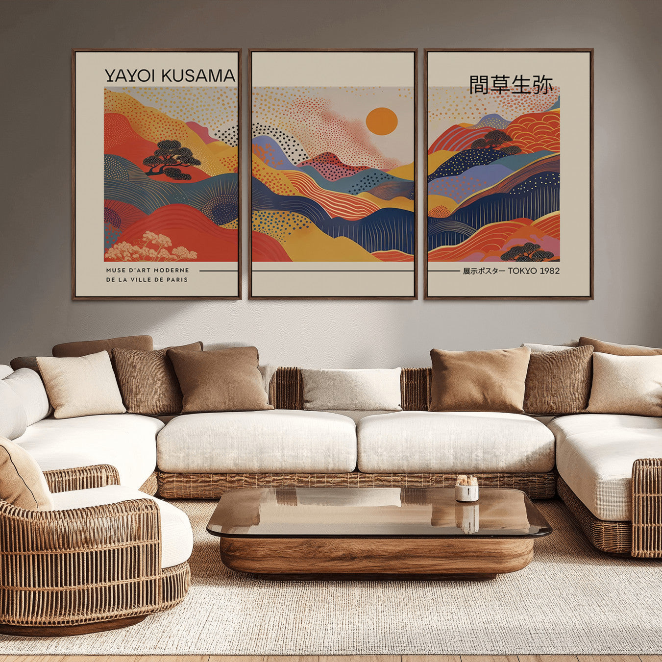 -Yayoi Kusama Landscape Canvas Print, Vibrant Floral Mountain Art Print, Botanical Flower Nature