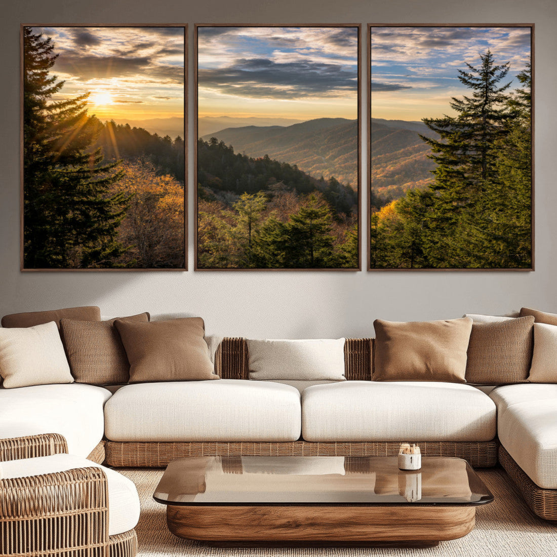 Sunrise Over the Smoky Mountains Canvas Wall Art | Scenic Landscape Photography Triptych