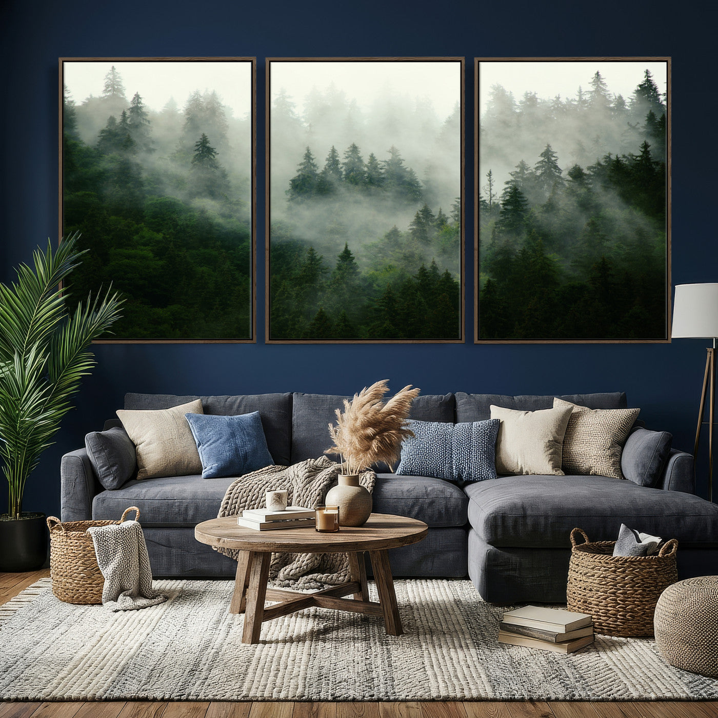 167720496-MGV-CV-36X24 - Misty Forest Mountain Wall Art Canvas | Large 3-Panel Foggy Landscape Canvas Print | Nature Misty