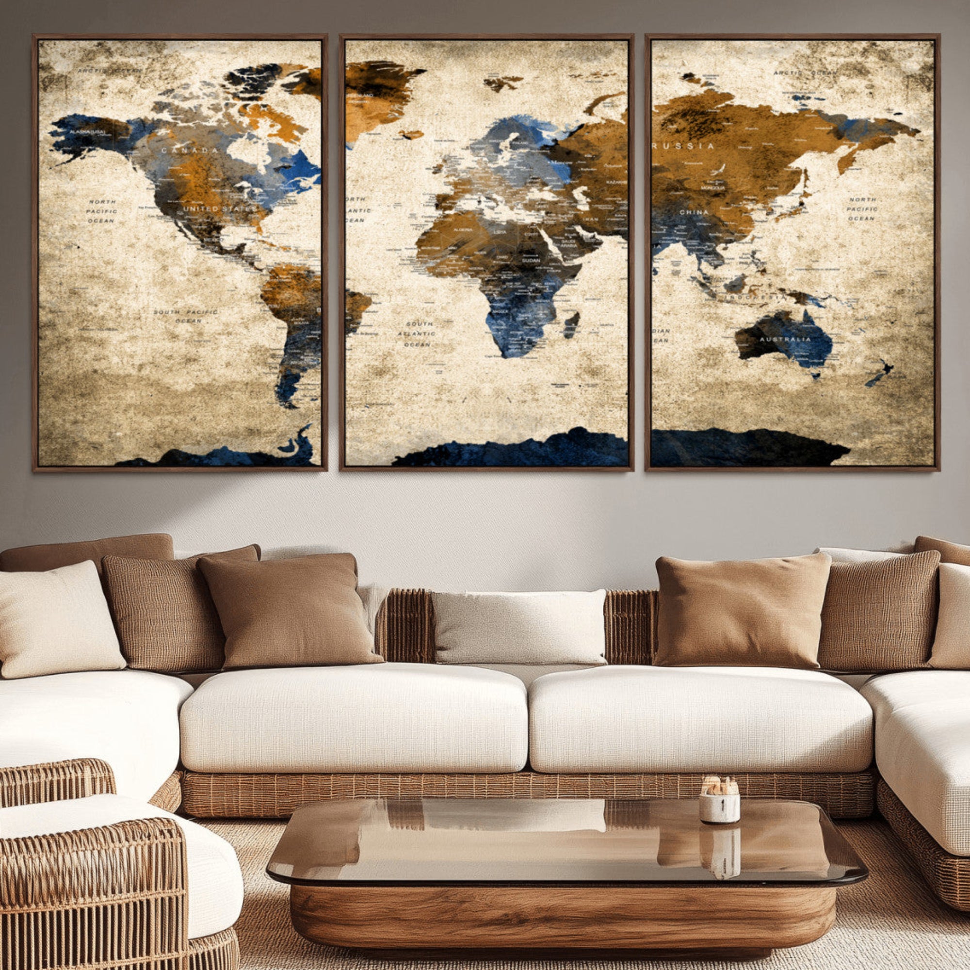 51140-MGV-CV-36X24-World Map Wall Art – Antique Style Blue and Brown Map Canvas Print, Classic Travel Wall Decor for Home Office or Study Room