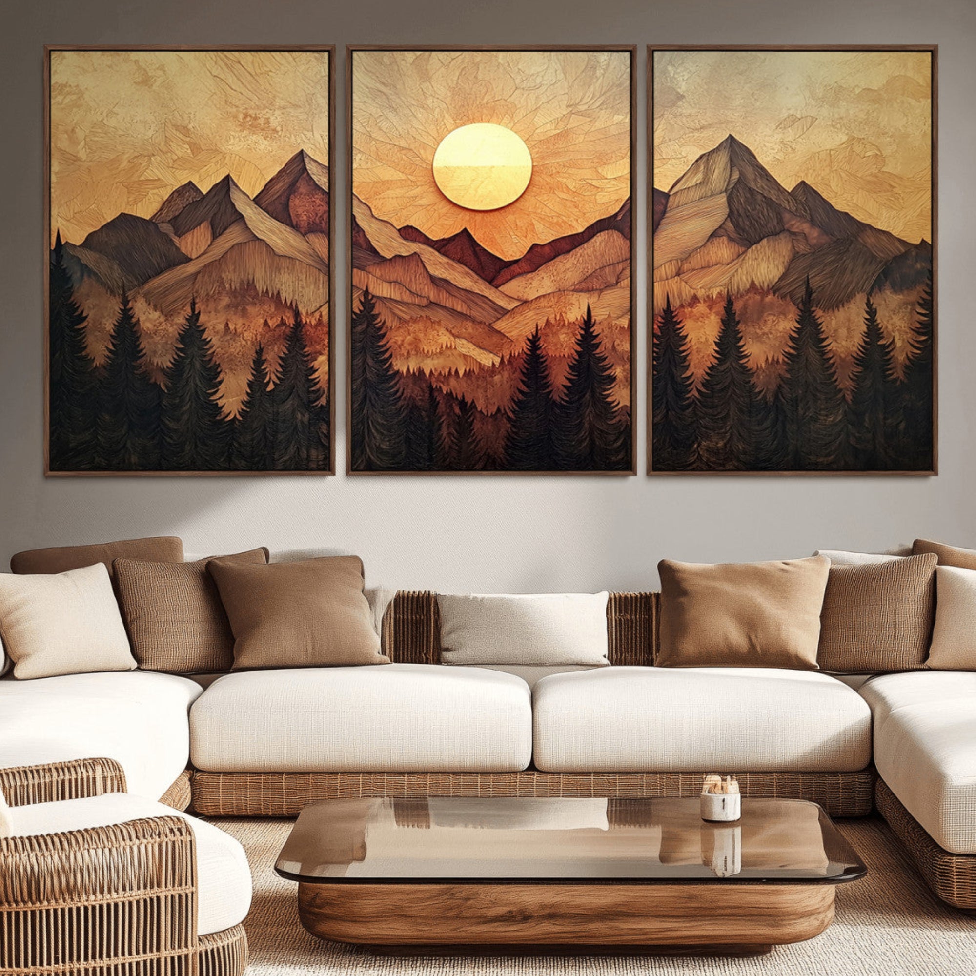 71340-MGV-CV-36X24-Wood Style Abstract Mountain Sunset Canvas Wall Art Print - Warm Earth Nature-Inspired Decor for