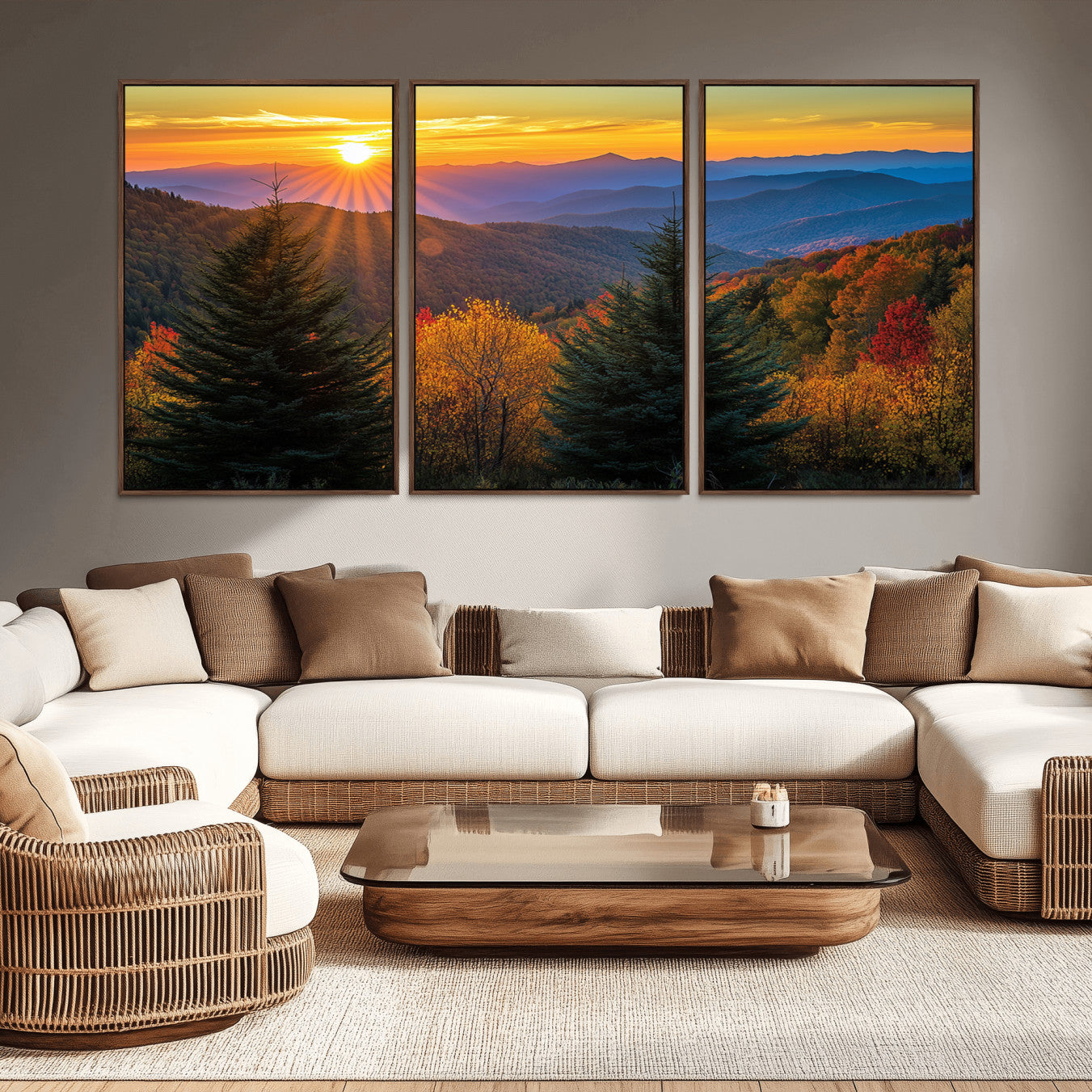 -Golden Sunset Over Mountain Forest Canvas Wall Art Print - Warm Nature-Inspired Landscape for Living