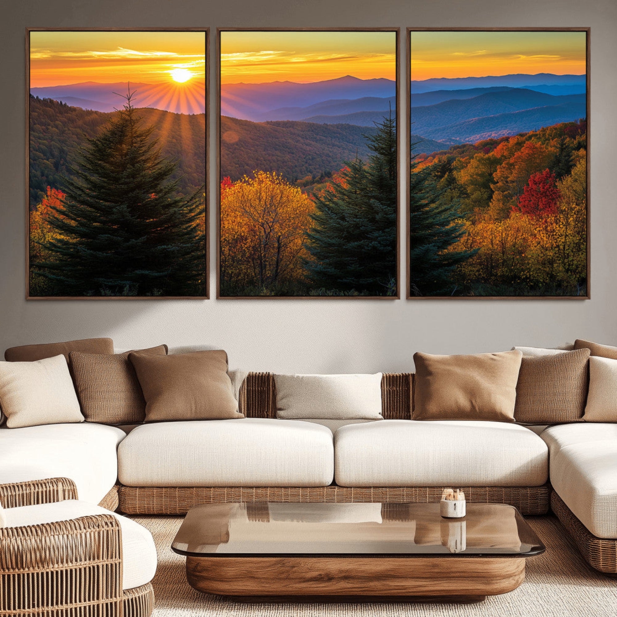 49710-MGV-CV-36X24-Golden Sunset Over Mountain Forest Canvas Wall Art Print - Warm Nature-Inspired Landscape for Living