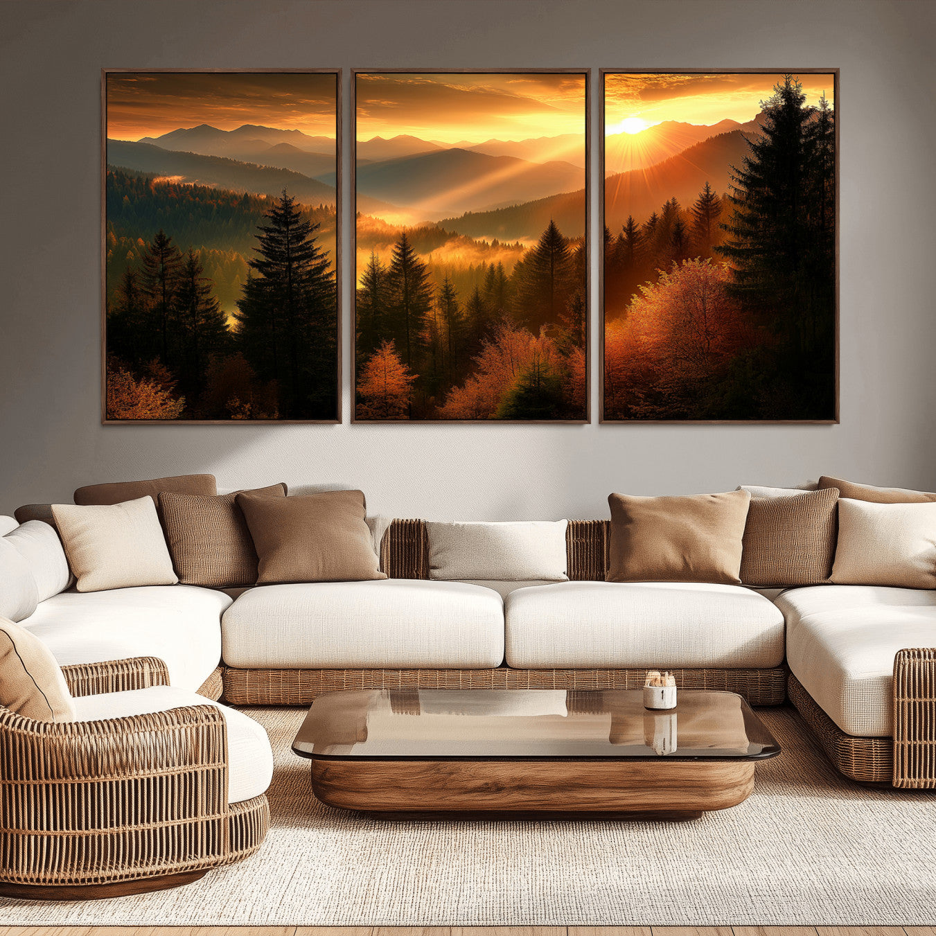 -Golden Sunset Over Mountain Forest Canvas Wall Art Print - Warm Nature Landscape Print