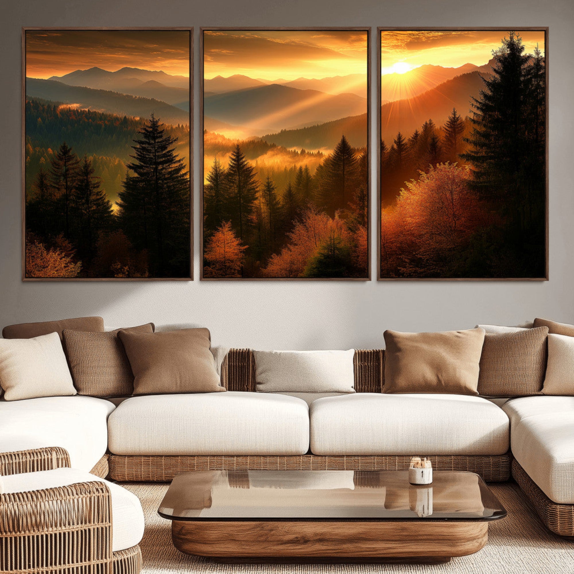 42606-MGV-CV-36X24-Golden Sunset Over Mountain Forest Canvas Wall Art Print - Warm Nature Landscape Print