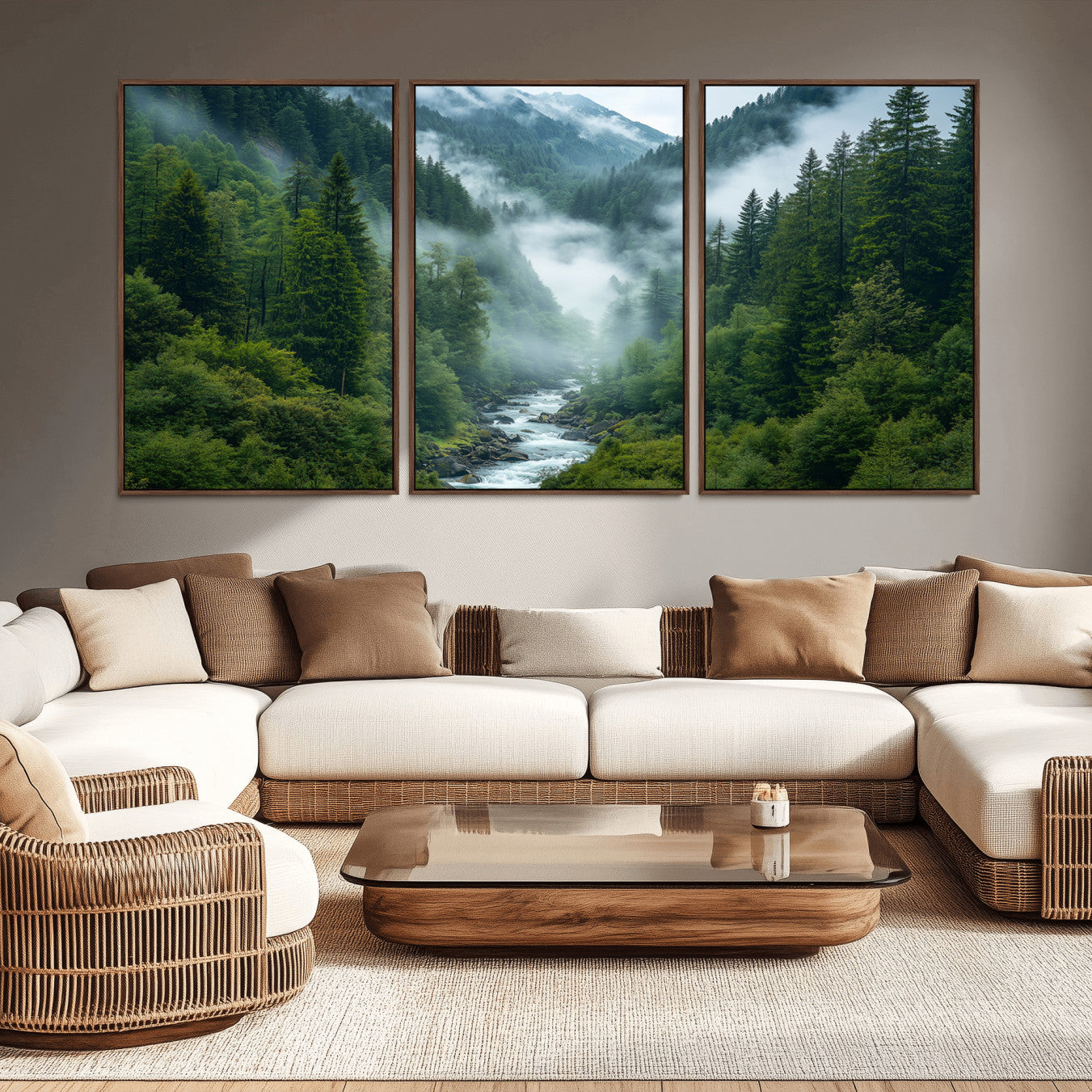 -Mountain Forest River Canvas Wall Art Print - Serene Nature Landscape for Living Room, Office, or