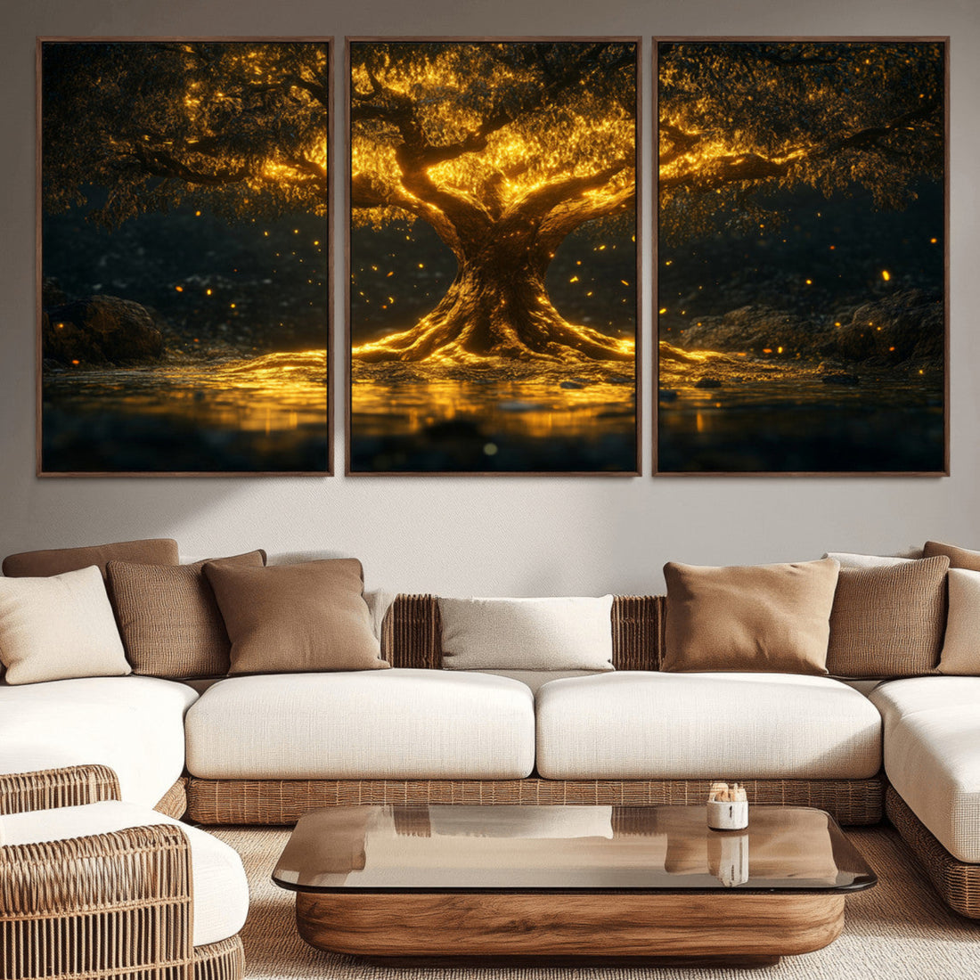 Golden Tree of Life Canvas Wall Art Print, Majestic Glowing Tree Wall Art