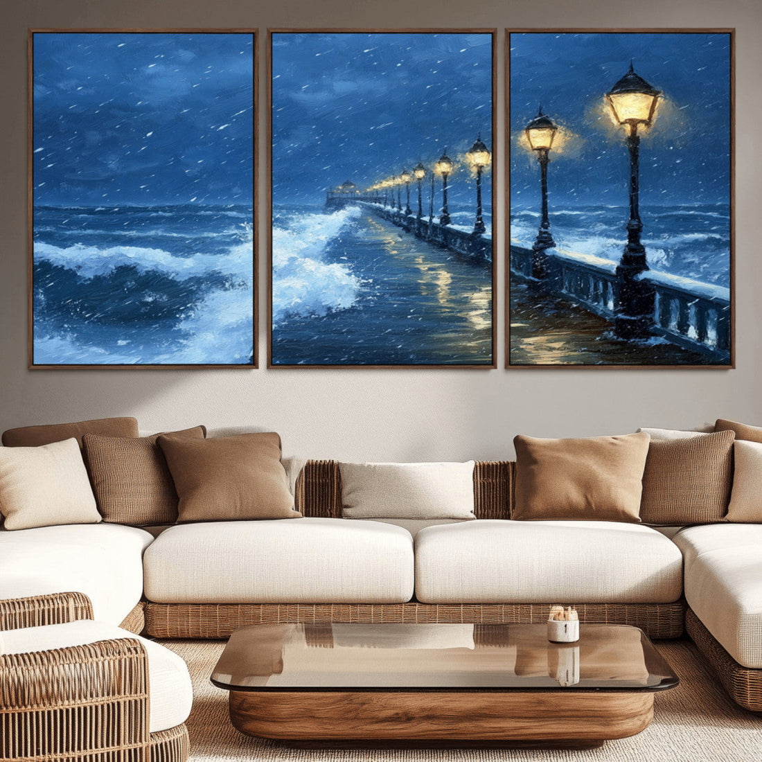 Stormy Ocean Pier Lights Canvas Wall Art Print, Large Moody Night Scene, Modern Seaside Decor