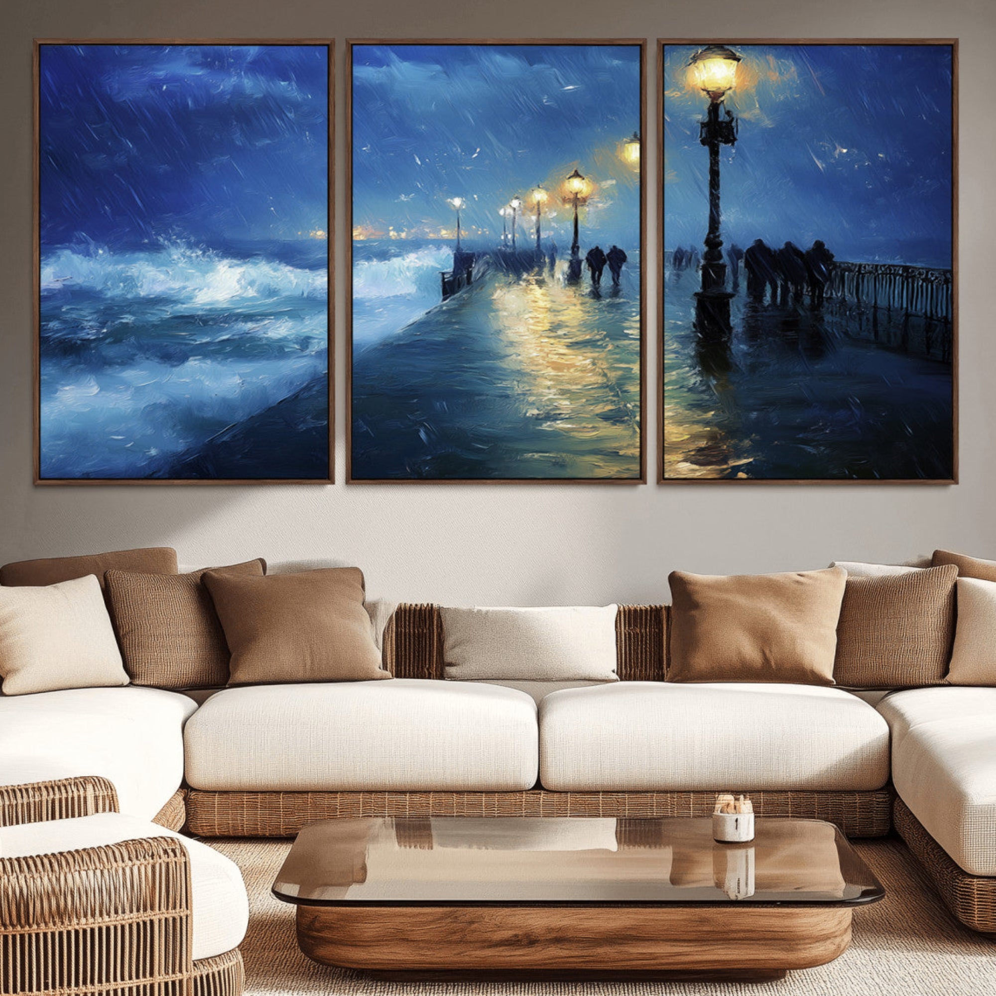 94571-MGV-CV-36X24-Storm Ocean Pier Canvas Wall Art Print - Large Moody Night Scene Print, Seaside Wall Decor