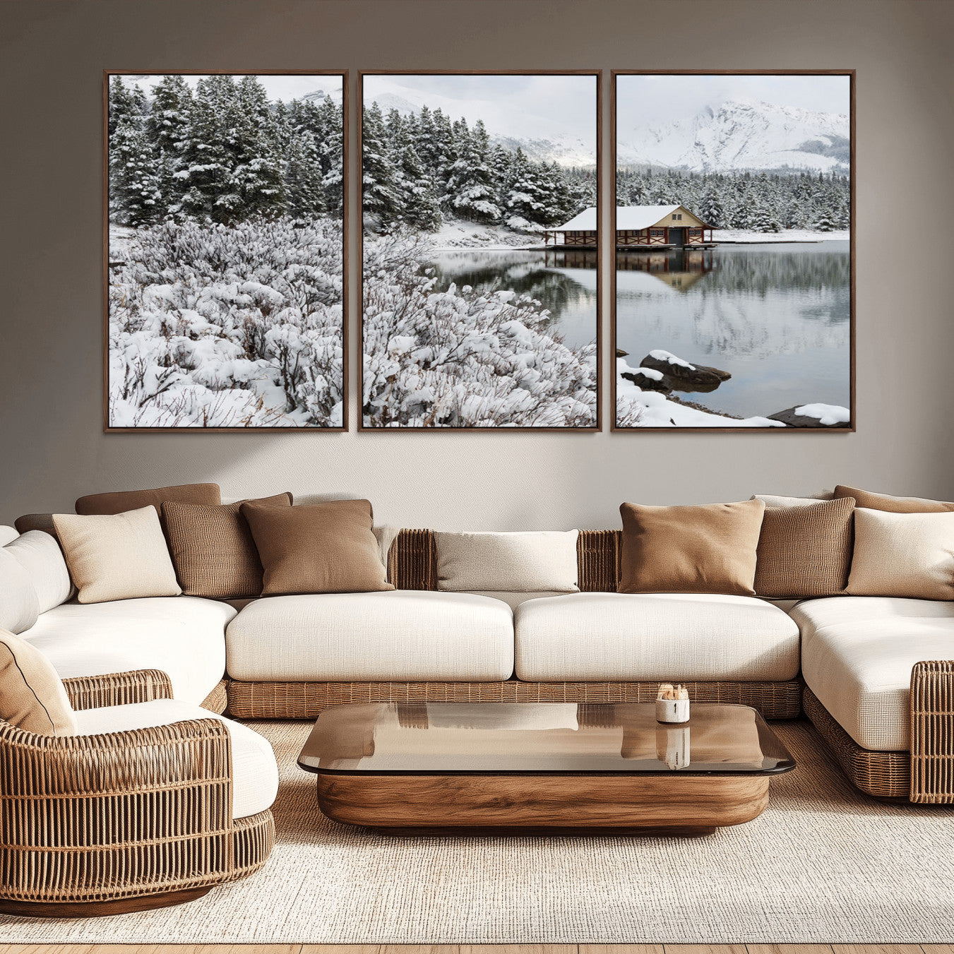 -Winter Wall Art - Cabin by the Lake Canvas Wall Art - Serene Snowy Landscape with Mountain View,