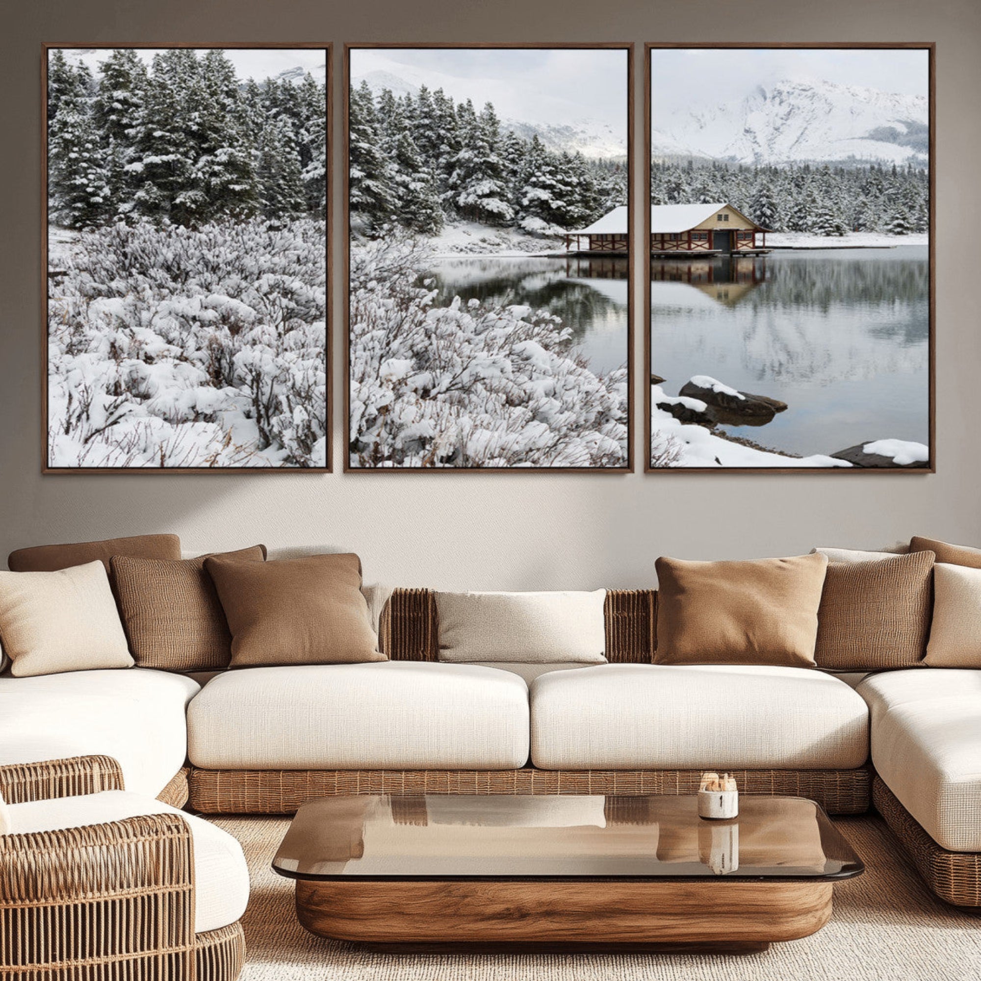 94285-MGV-CV-36X24-Winter Wall Art - Cabin by the Lake Canvas Wall Art - Serene Snowy Landscape with Mountain View,