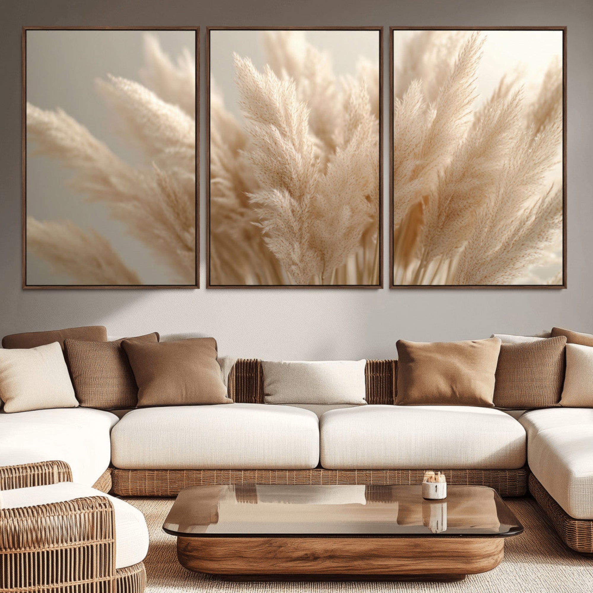 -Pampas Grass Canvas Wall Art - Elegant Neutral Decor for Living Room, Boho Minimalist Artwork, Ready